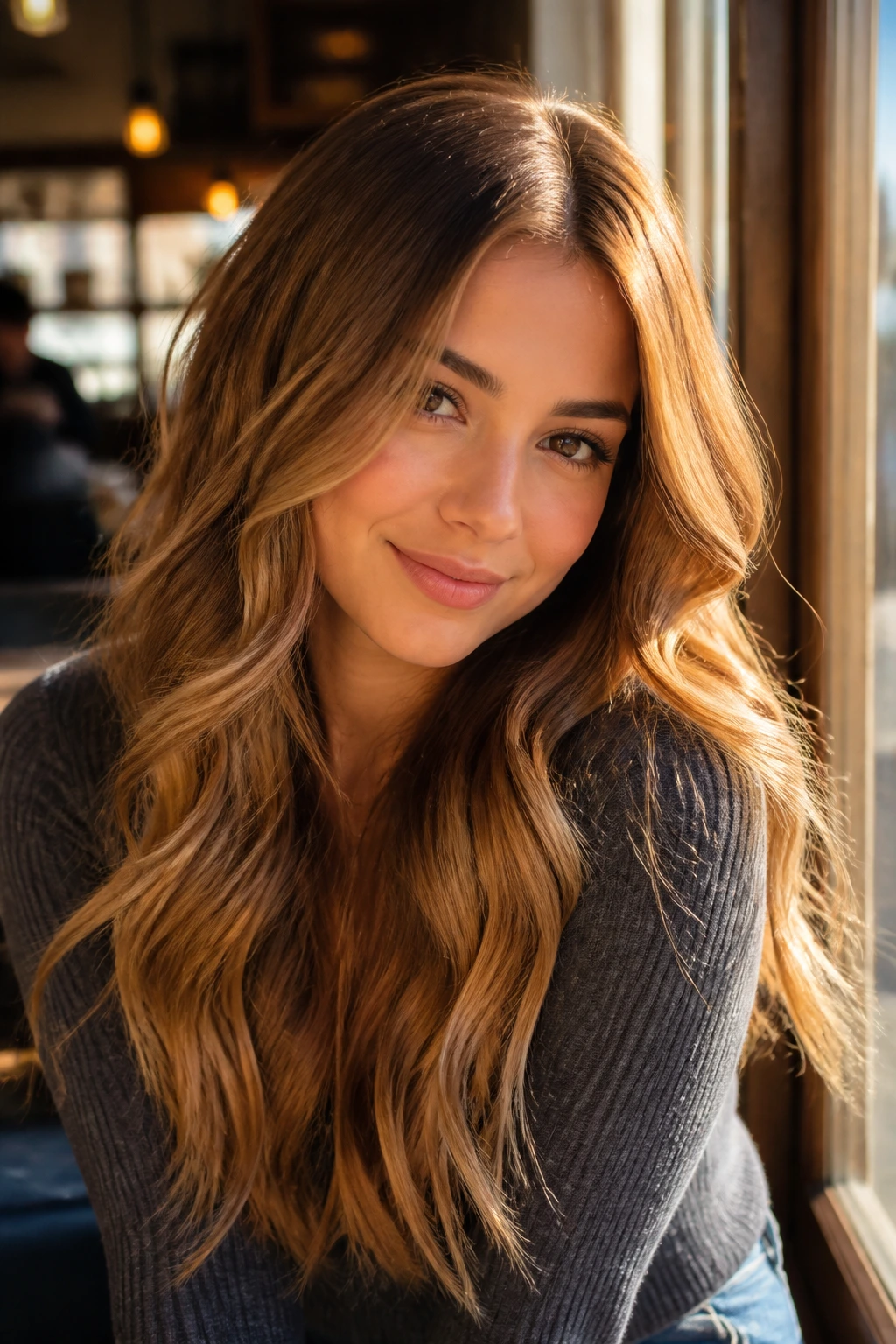 Close-up of golden caramel waves with a middle part in warm light