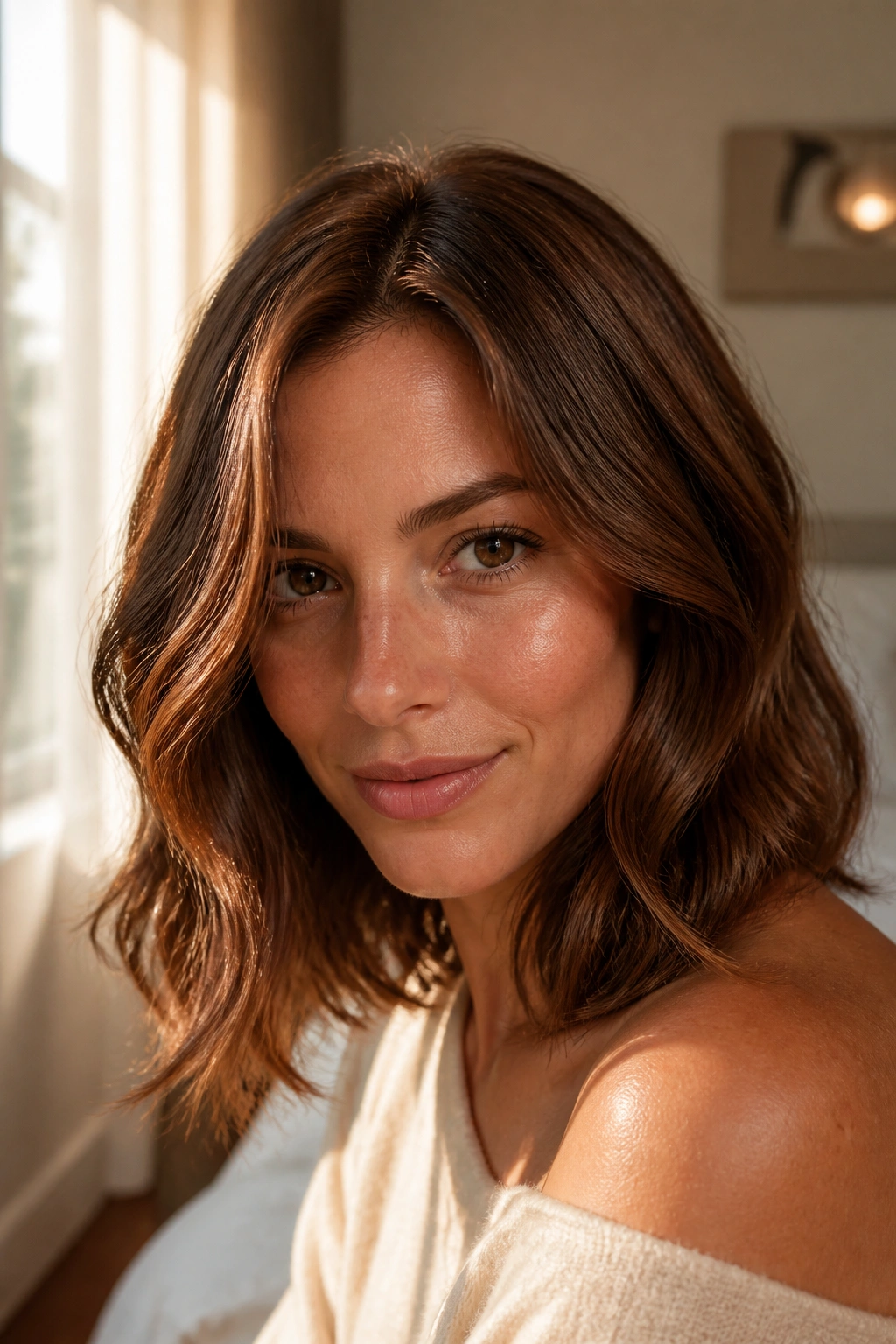 Close-up of a real woman with golden chestnut brown hair in glossy waves