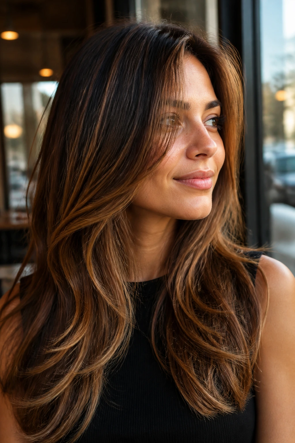 Close-up of hair with golden cocoa balayage and warm glow