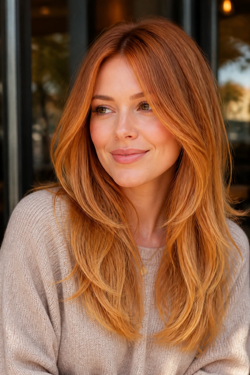 Close-up of a real woman with golden copper hair and warm ends