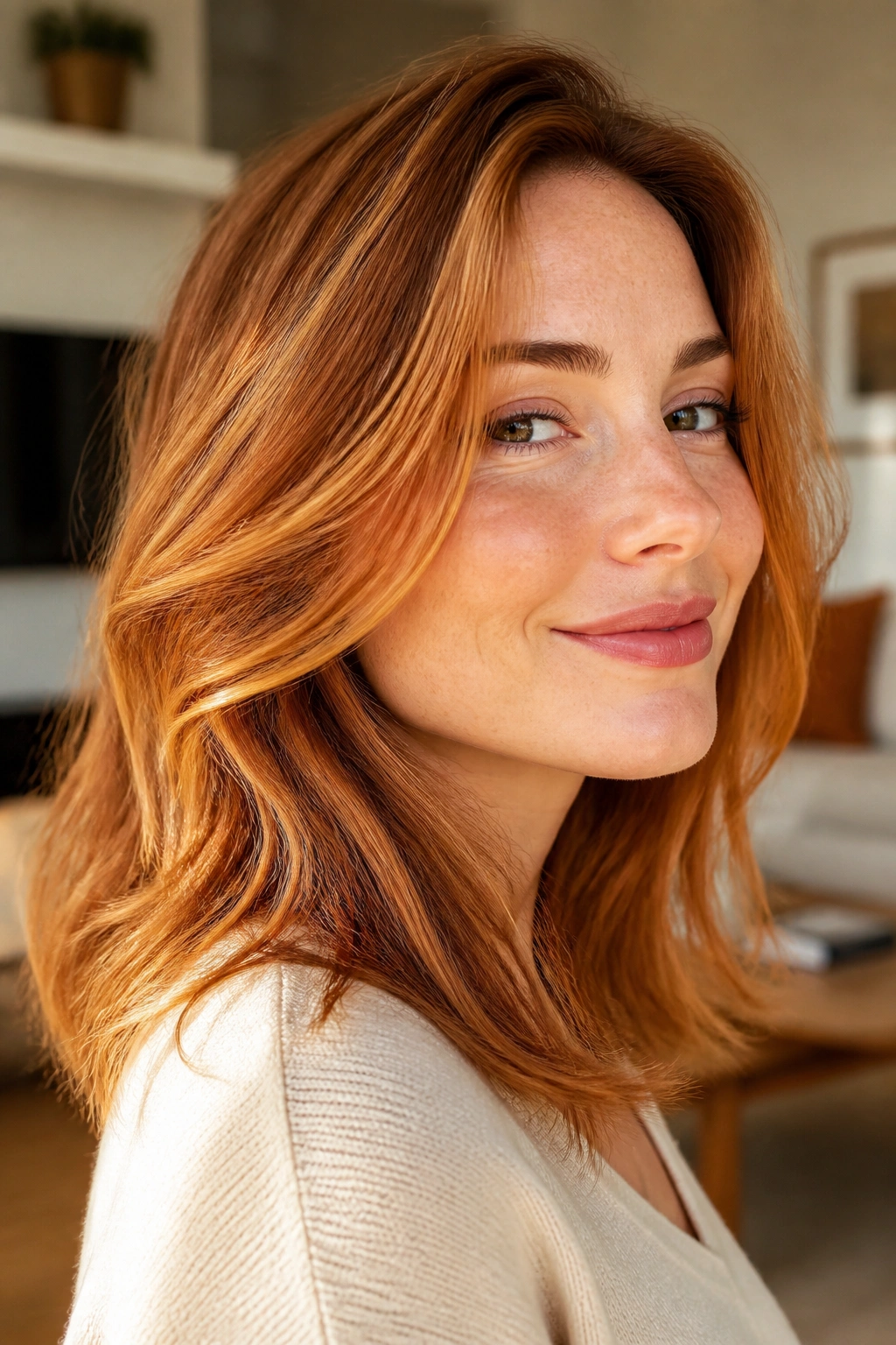 Close-up portrait of a real person with golden copper hair under warm window light