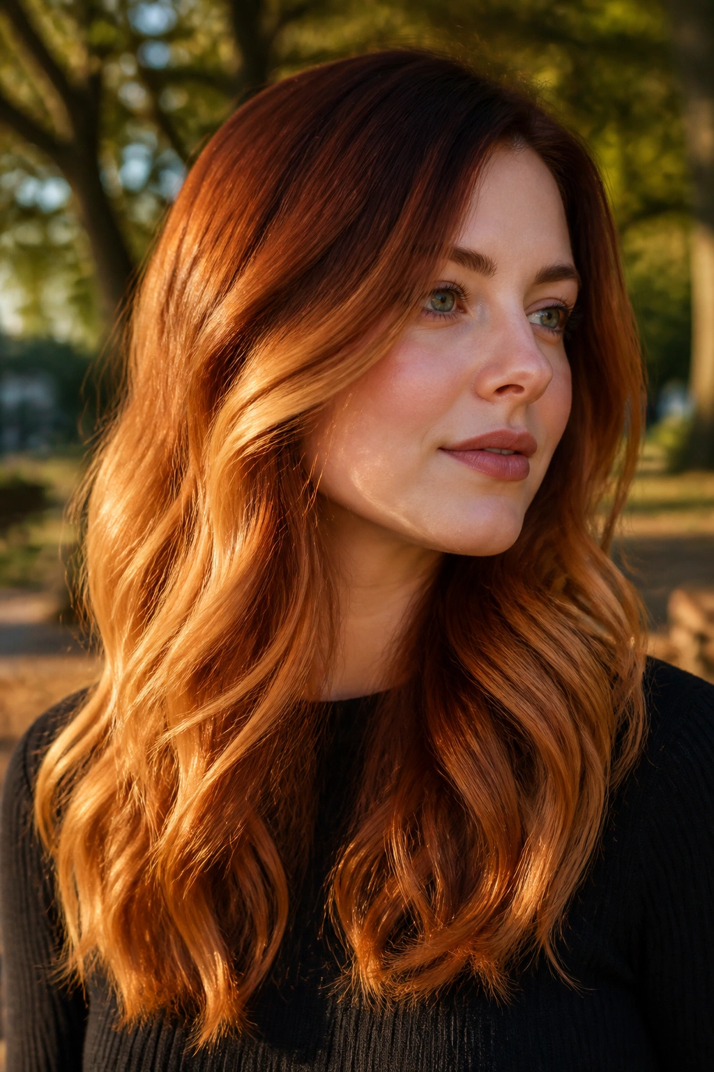 Close-up portrait of a real person with golden copper hair