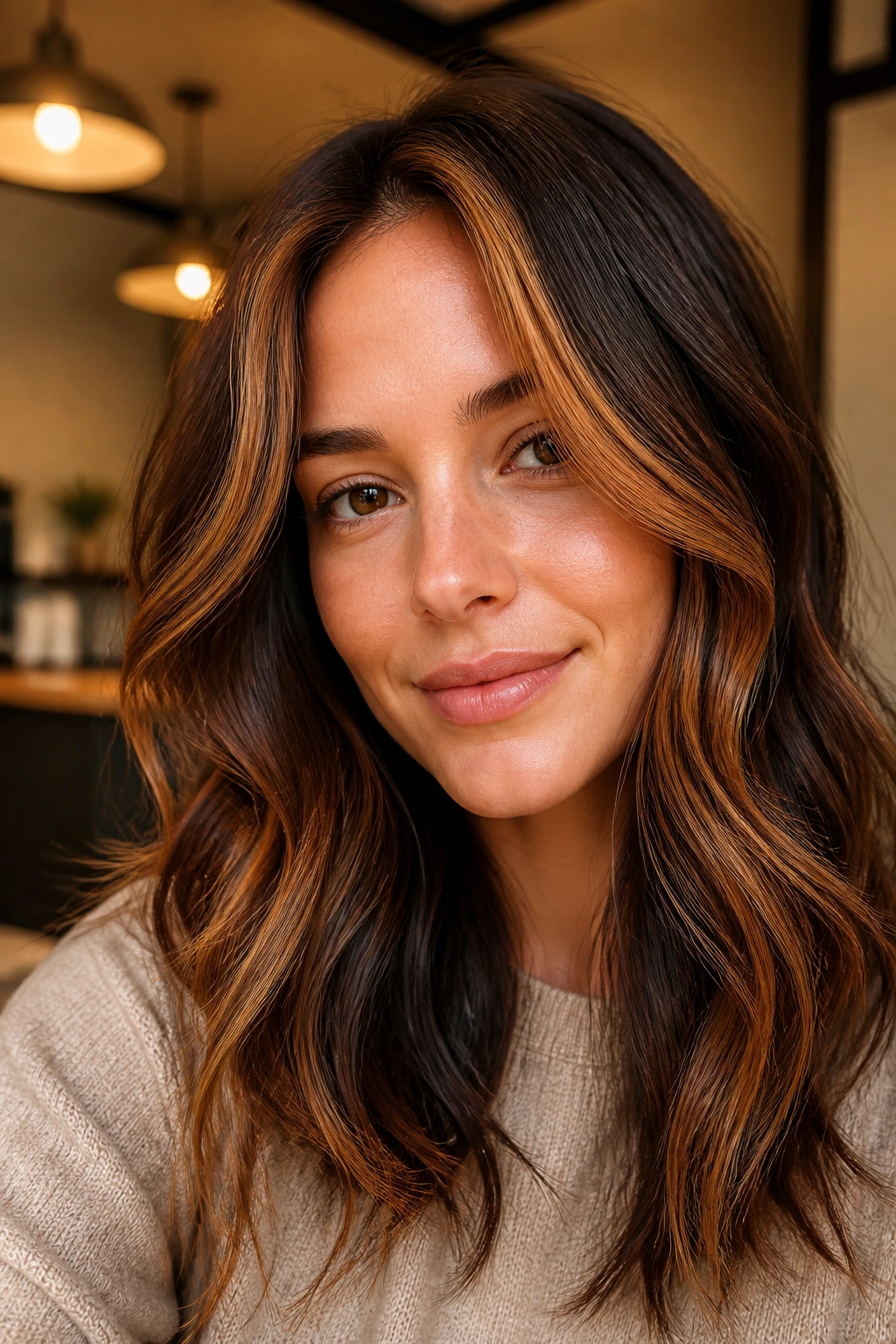 Real woman with warm brunette hair and golden copper streaks framing her face.
