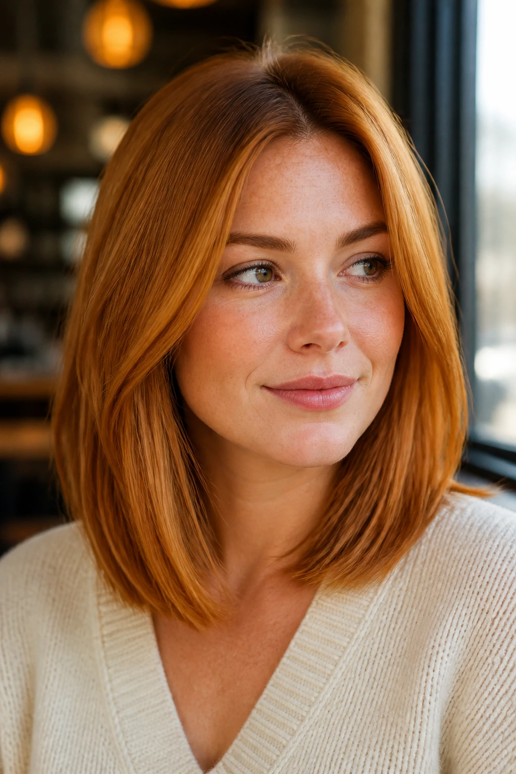Close-up portrait of a real woman with golden ginger lob and warm copper-gold tones.