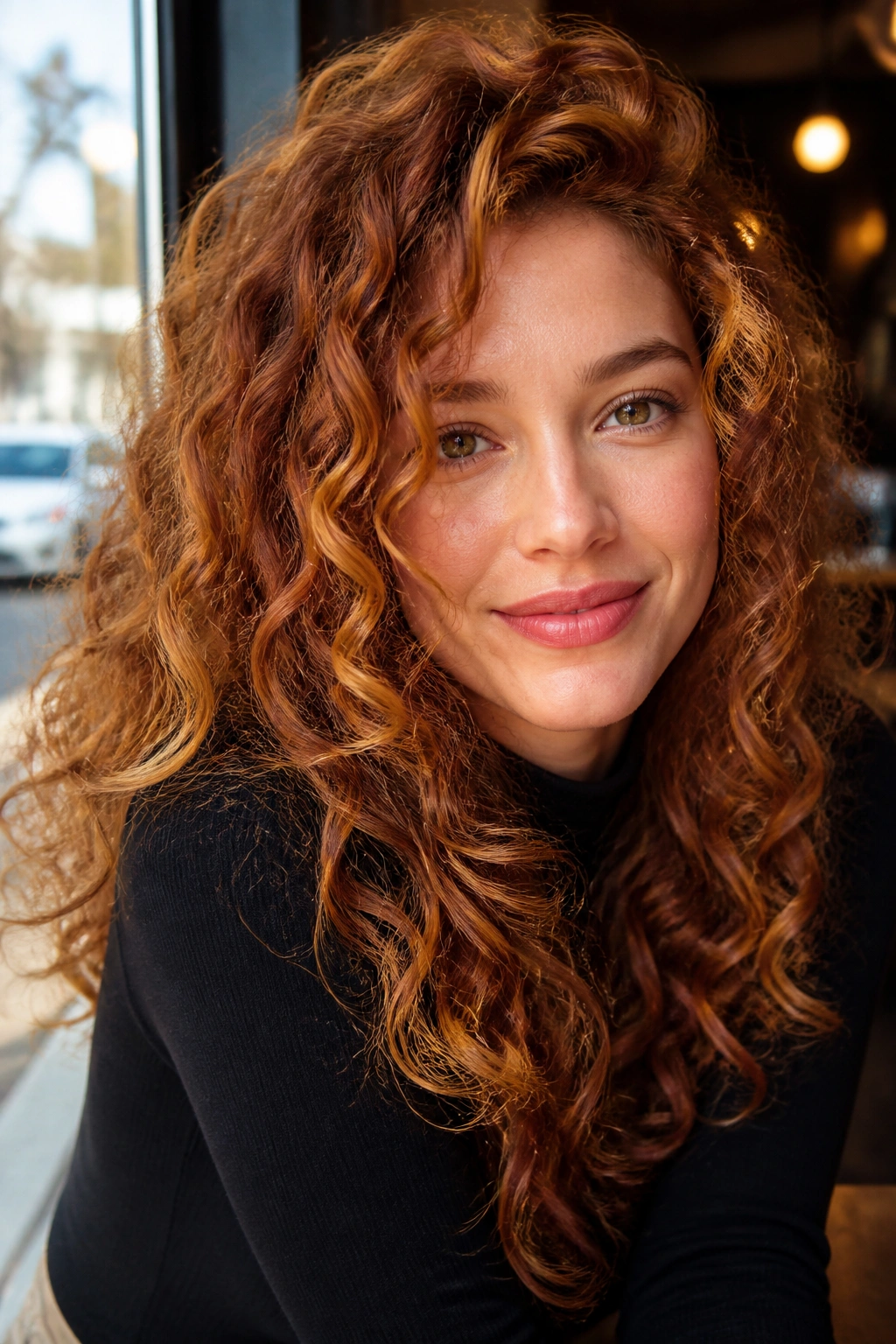 Close-up of hair with fine golden ginger ribbons woven through curls.