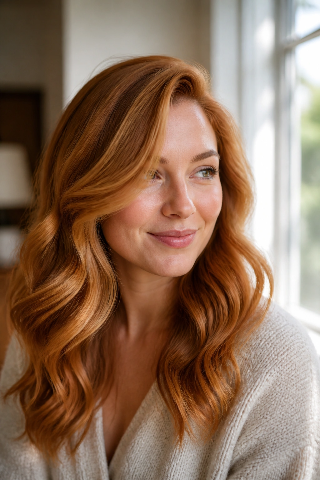 Close-up of a real woman with golden ginger waves and subtle side sweep.