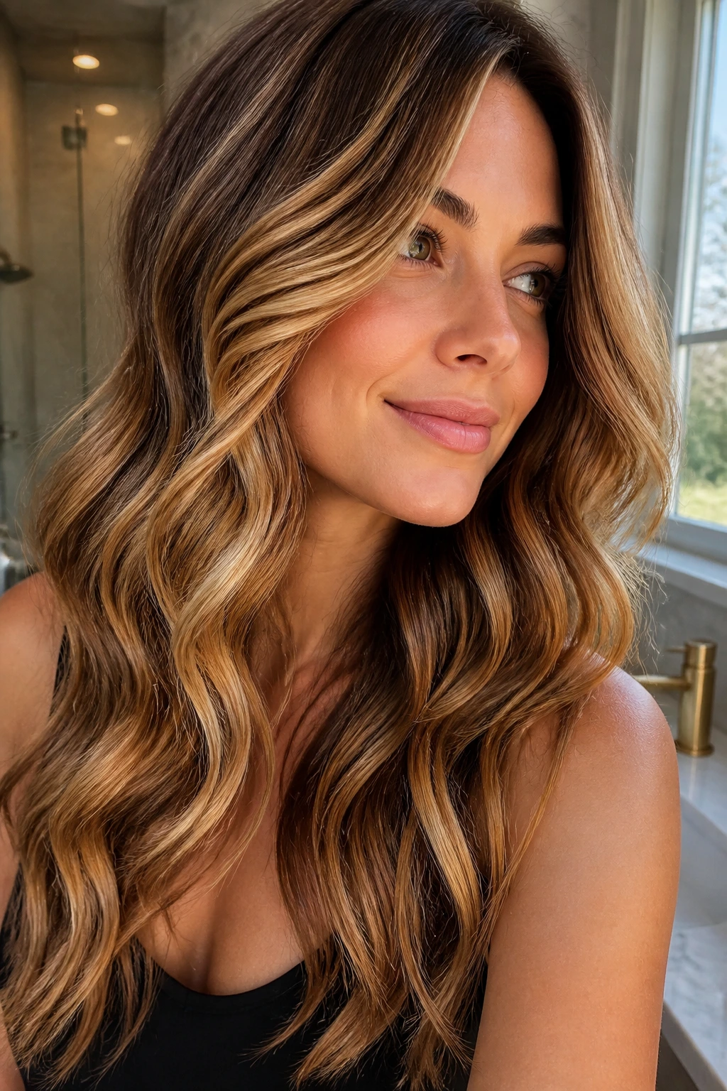 Wavy layered hair with vertical golden ribbons highlighting waves