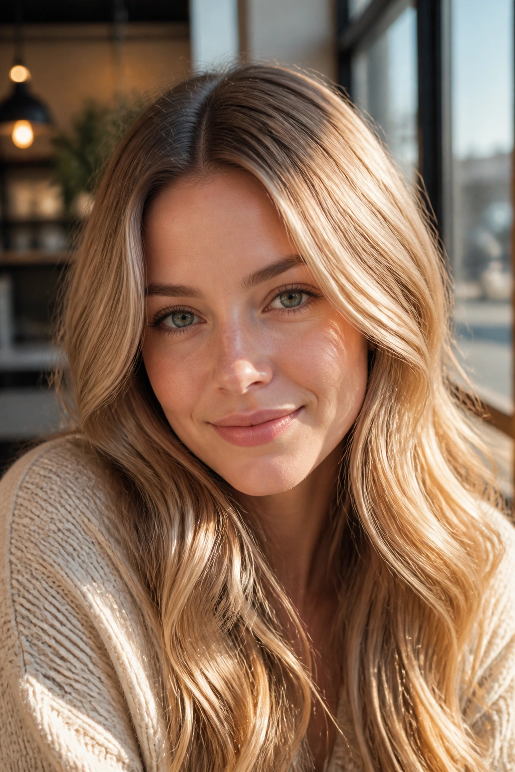 Close-up of a real woman with golden honey blonde hair in sunlit window light