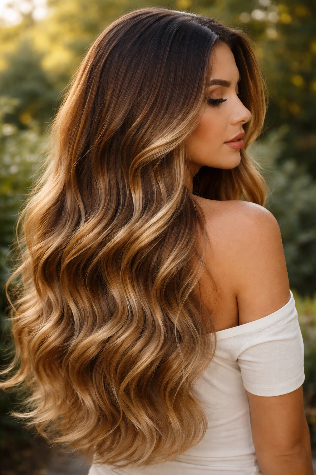 Long hair with golden honey ombre gradient from roots to tips
