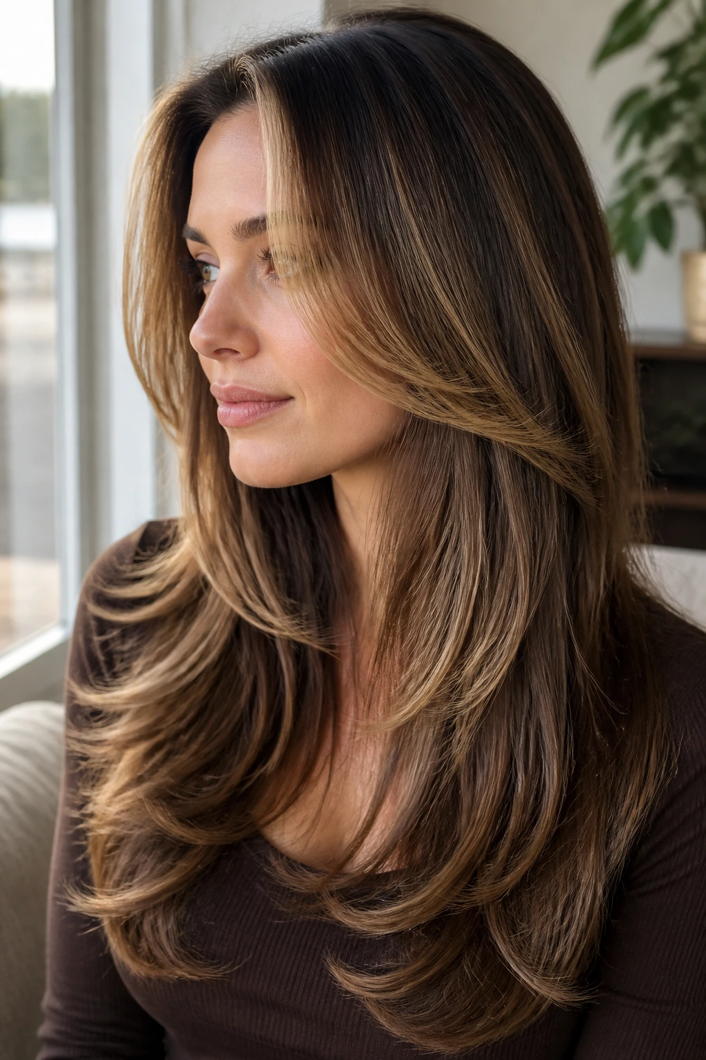 Woman with long layered brown hair featuring golden honey panels at the front and crown.