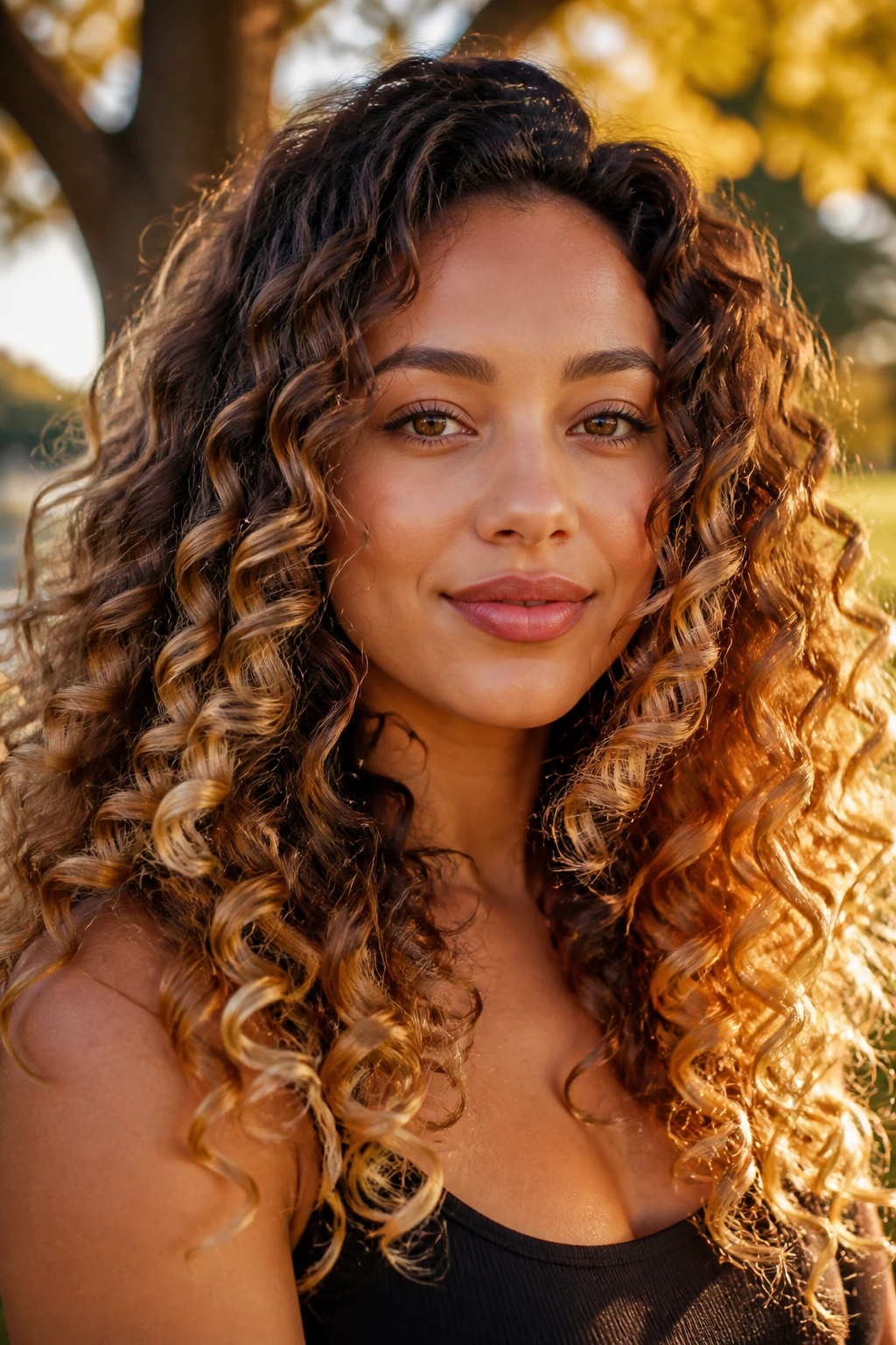 Close-up of a real woman with golden honey spiral ombre on long curly hair