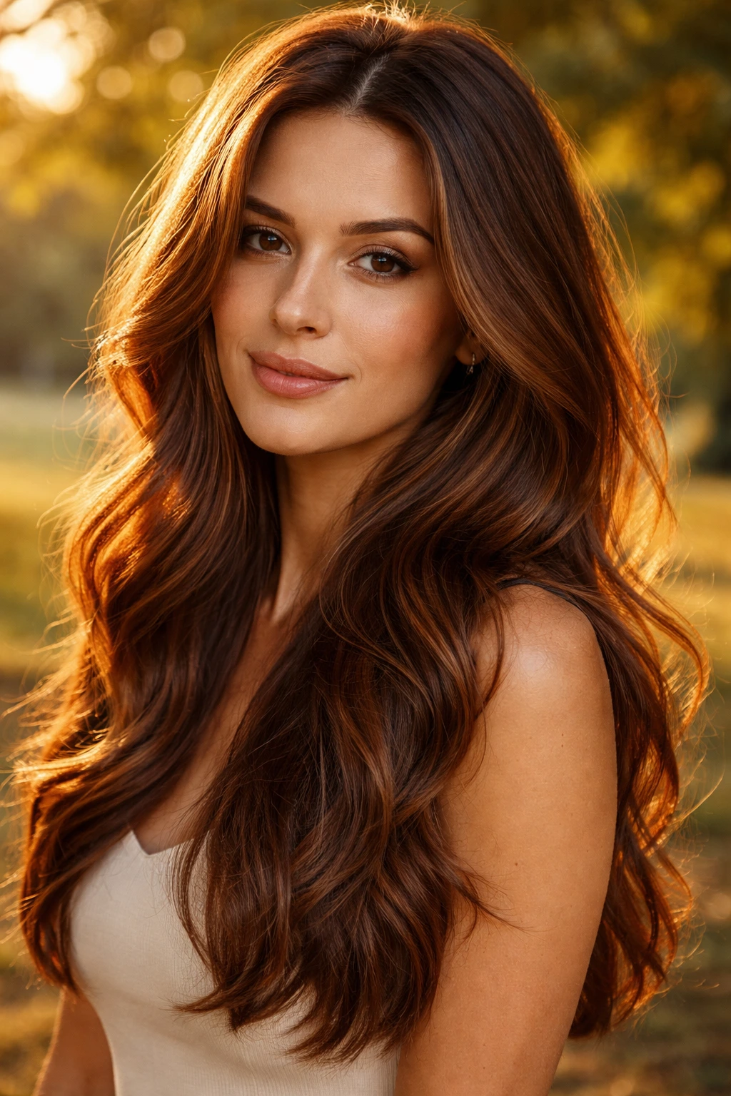 Close-up of a real woman with warm golden mahogany hair reflecting sun-kissed highlights.