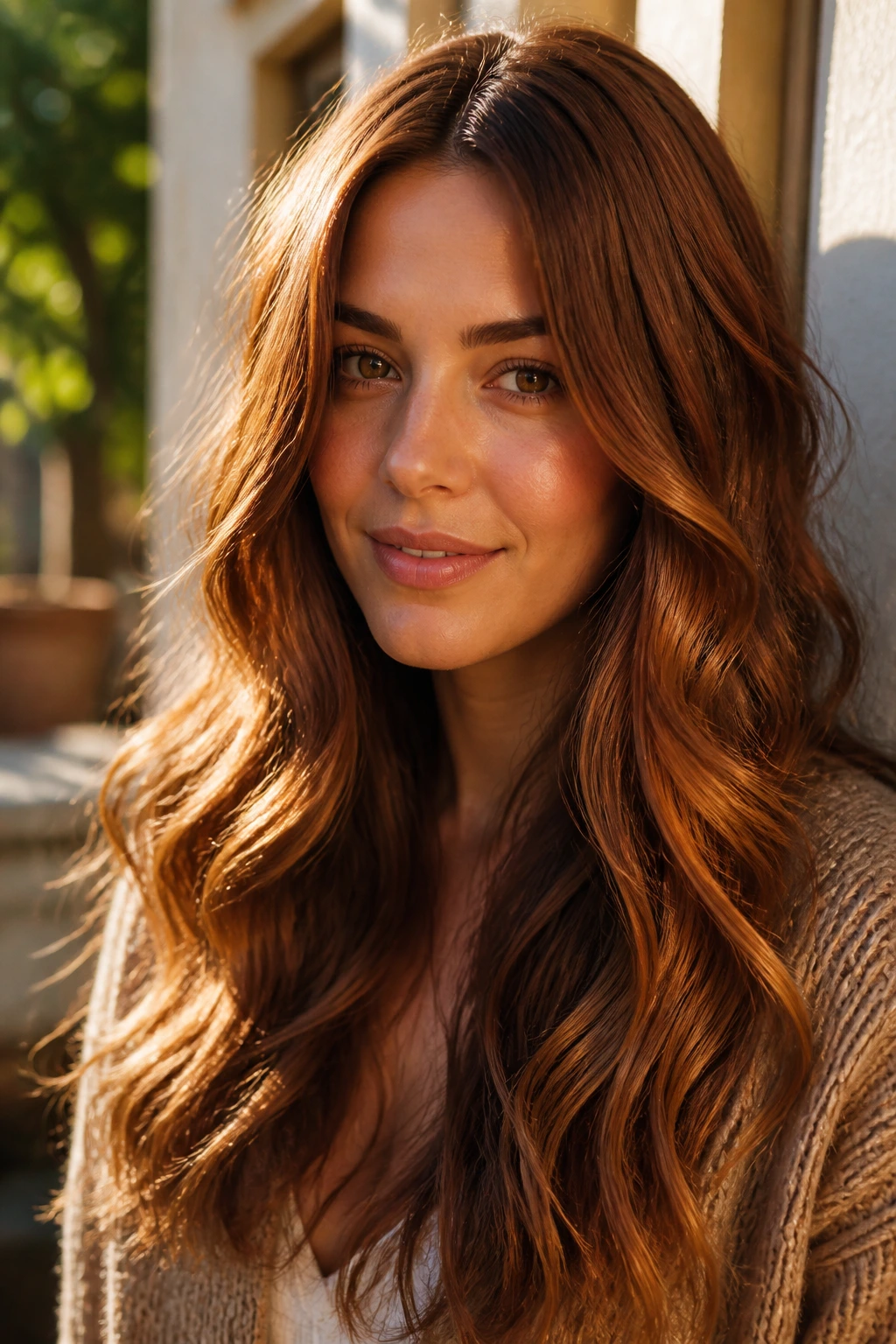 Close-up of a real person with golden mahogany wavy hair in sunlight