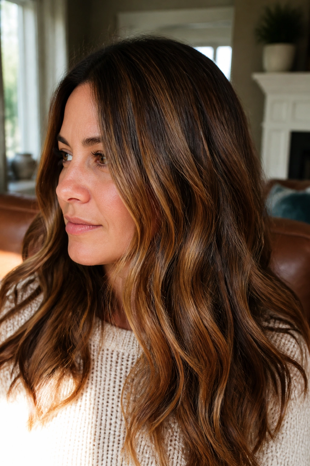 Close-up portrait of a real woman with golden maple highlights in brown hair under warm window light