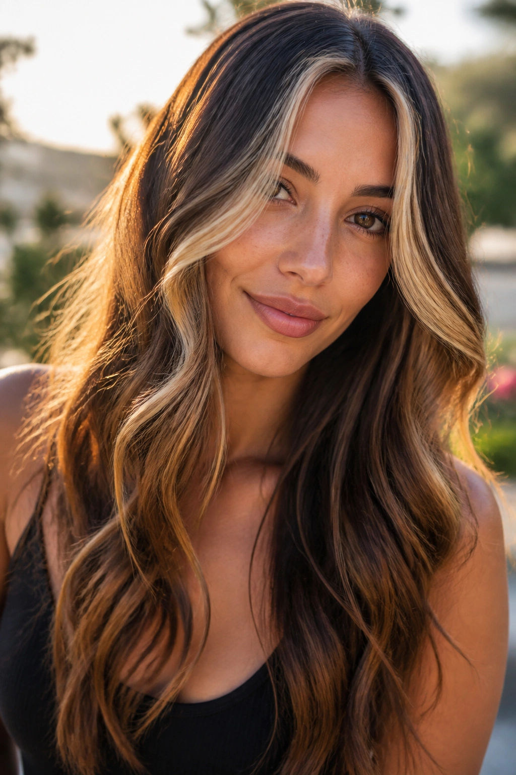 Woman with long wavy hair and golden money piece near the face.