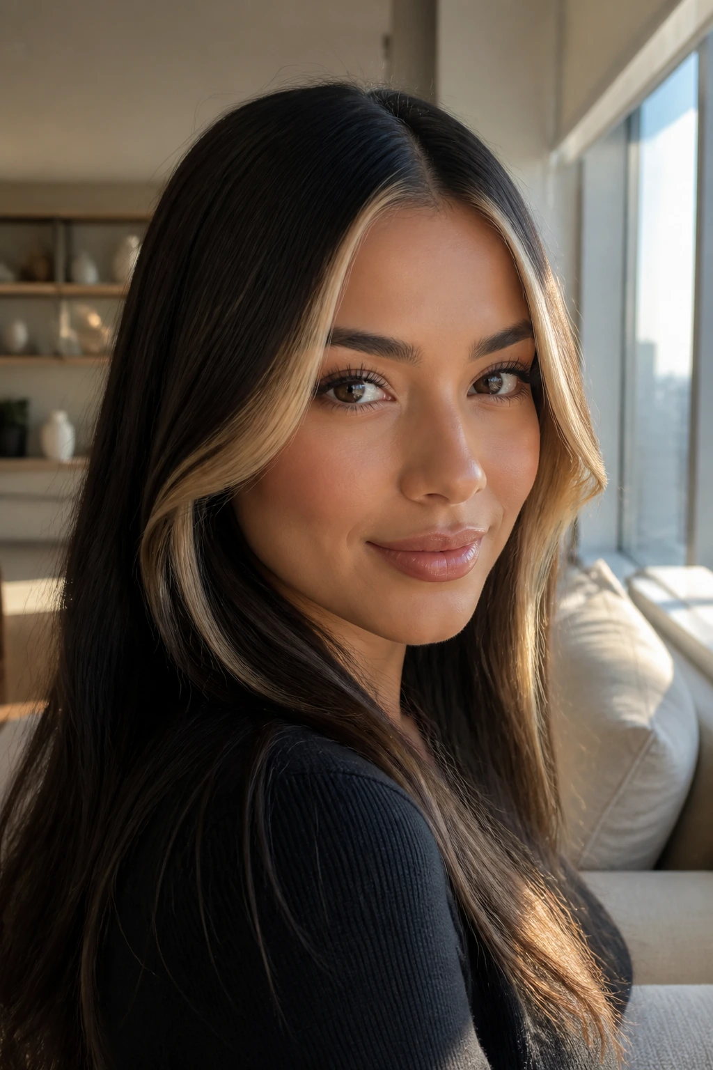 Close-up of middle-parted hair with golden money piece framing the face