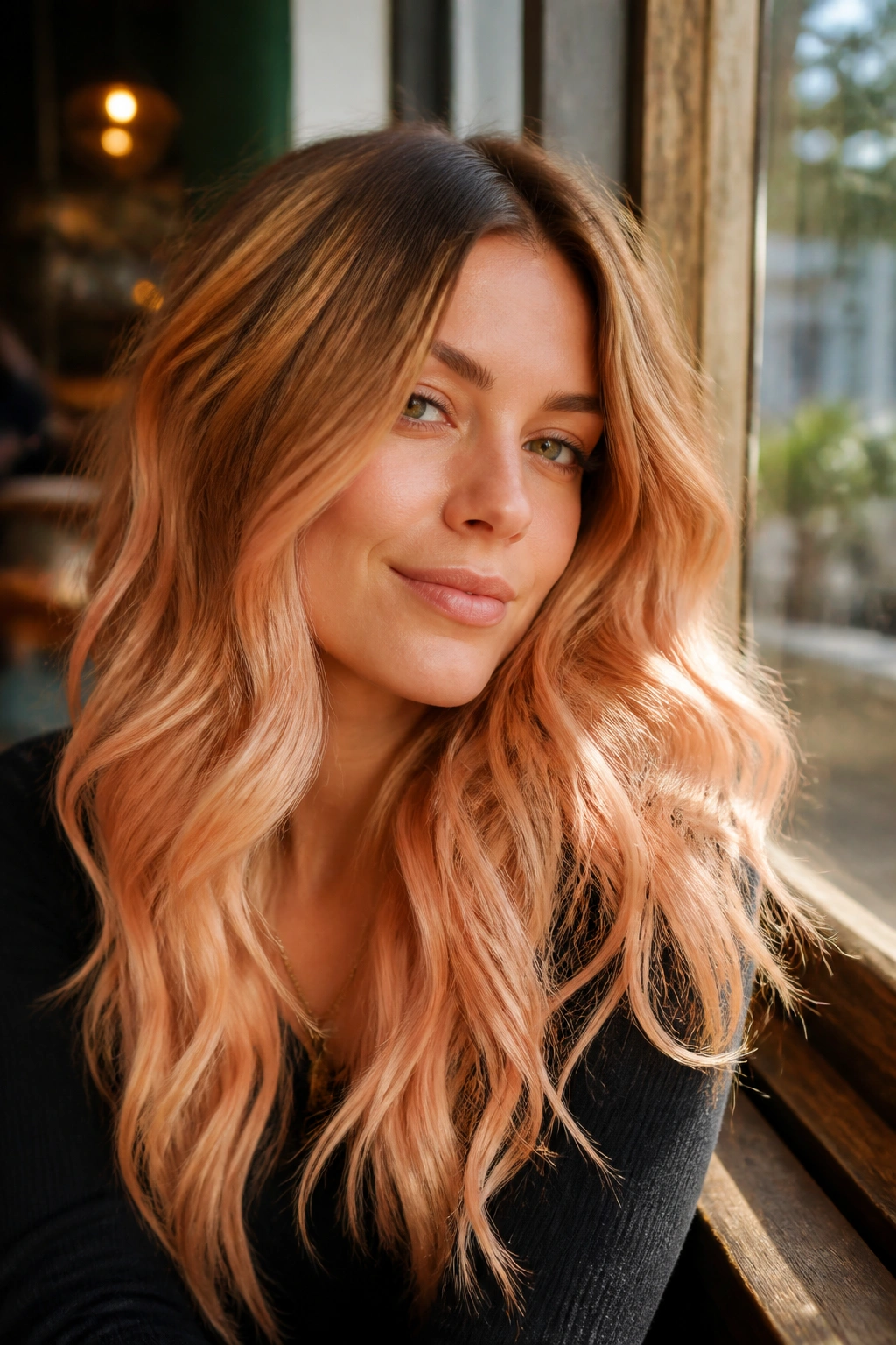 Close-up of a real woman with golden peach blonde ombre hair