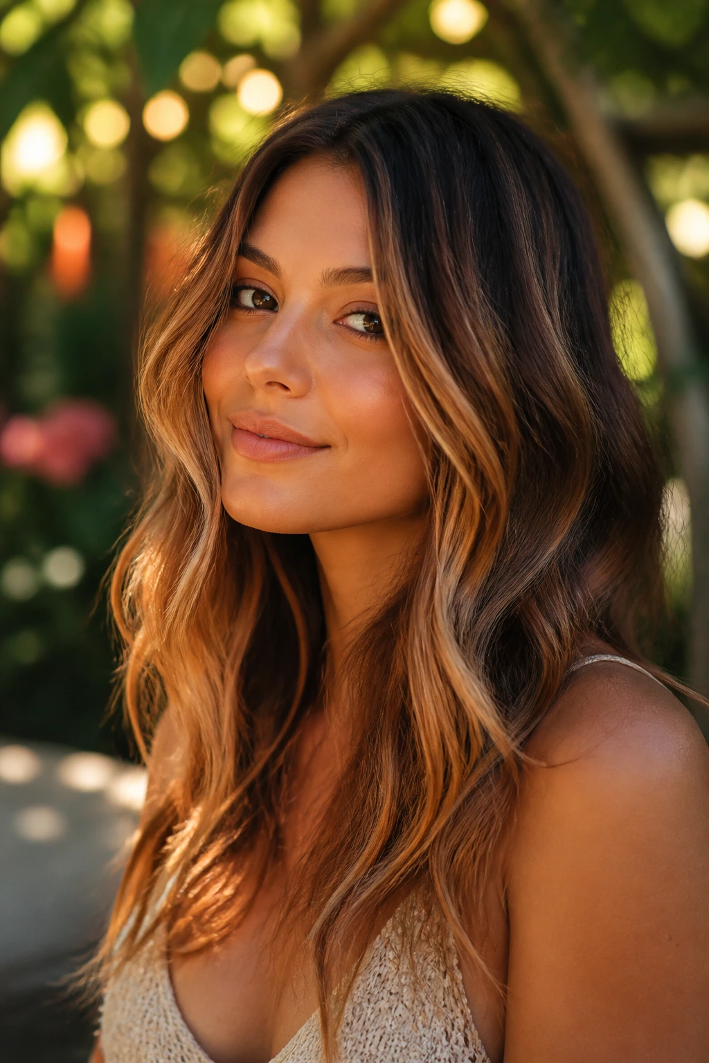 Close-up portrait with golden peach glow on brown hair.