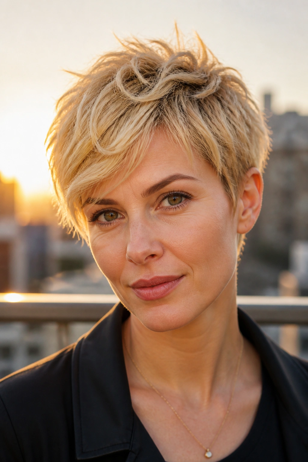 Close-up of a real woman with golden blonde pixie and choppy ends