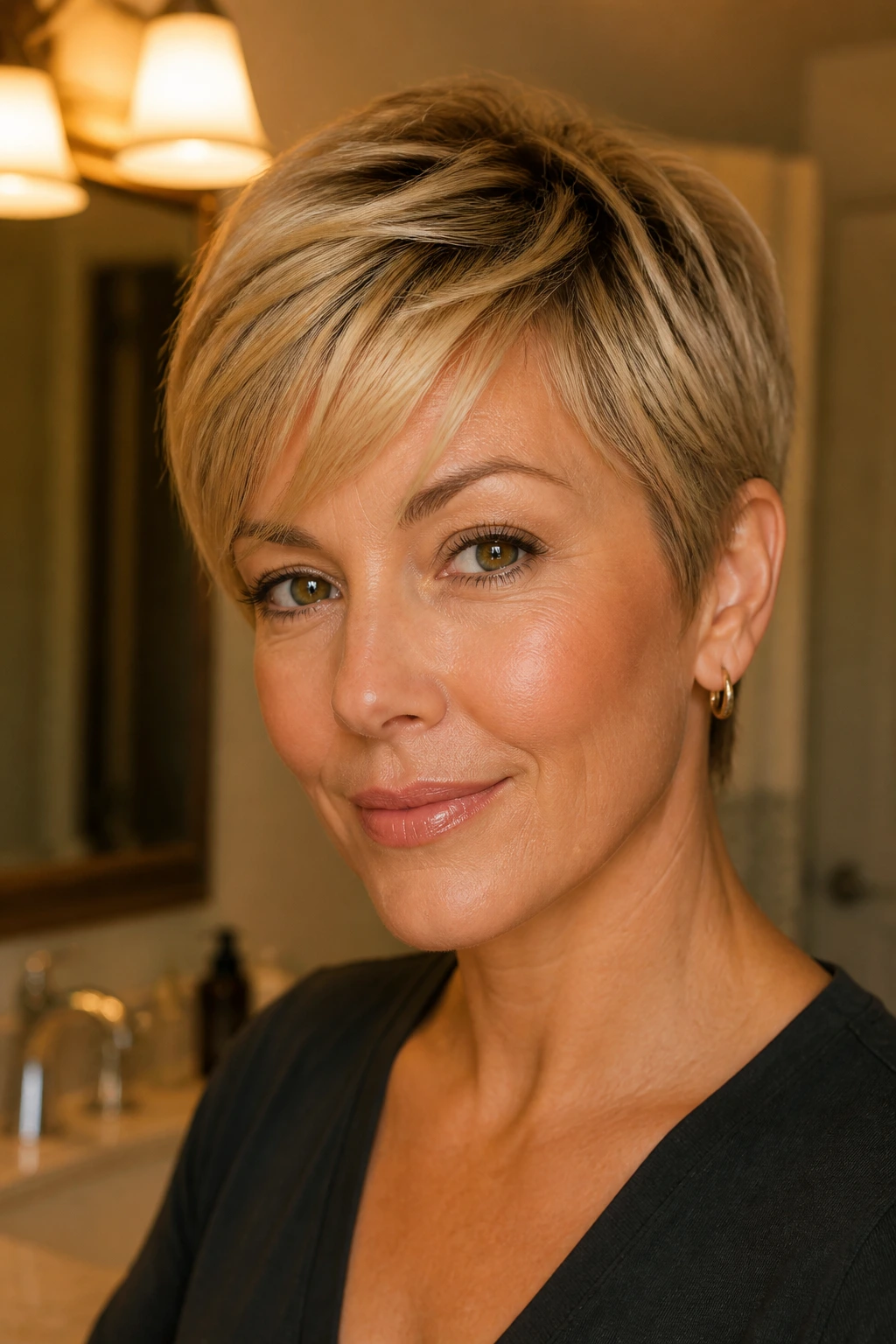 Close-up portrait of a real woman with golden blonde pixie and root smudge