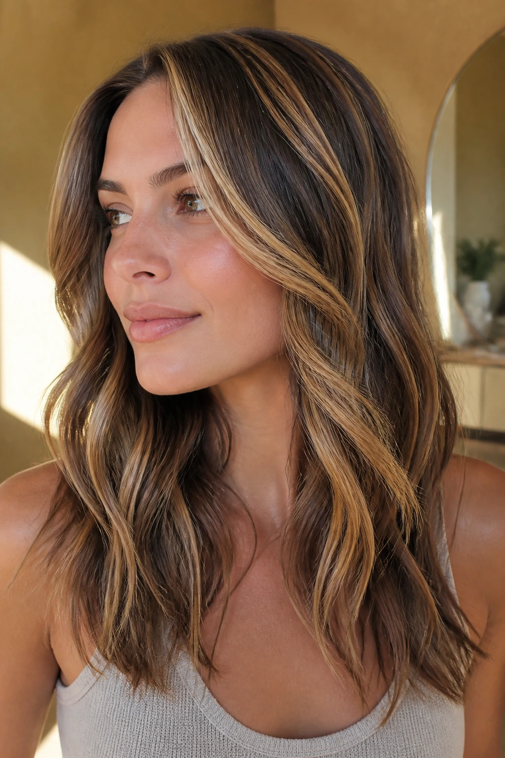 Brunette with thin golden ribbons around crown and face