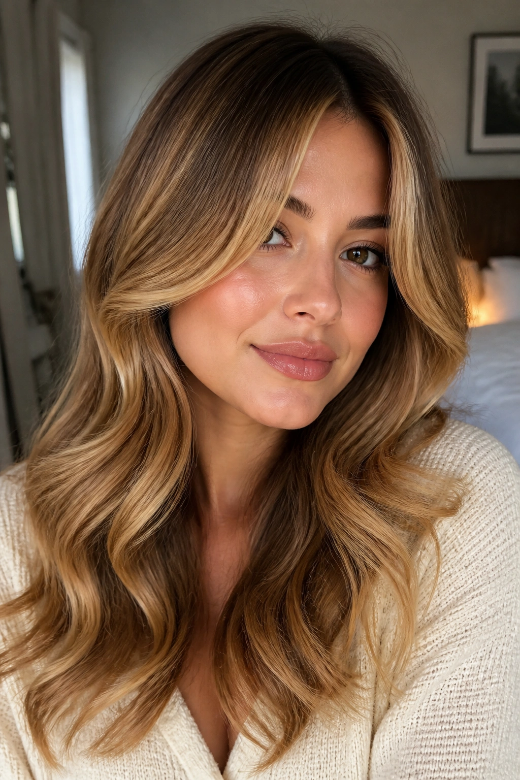 Portrait of a woman with golden toffee balayage and curtain bangs.