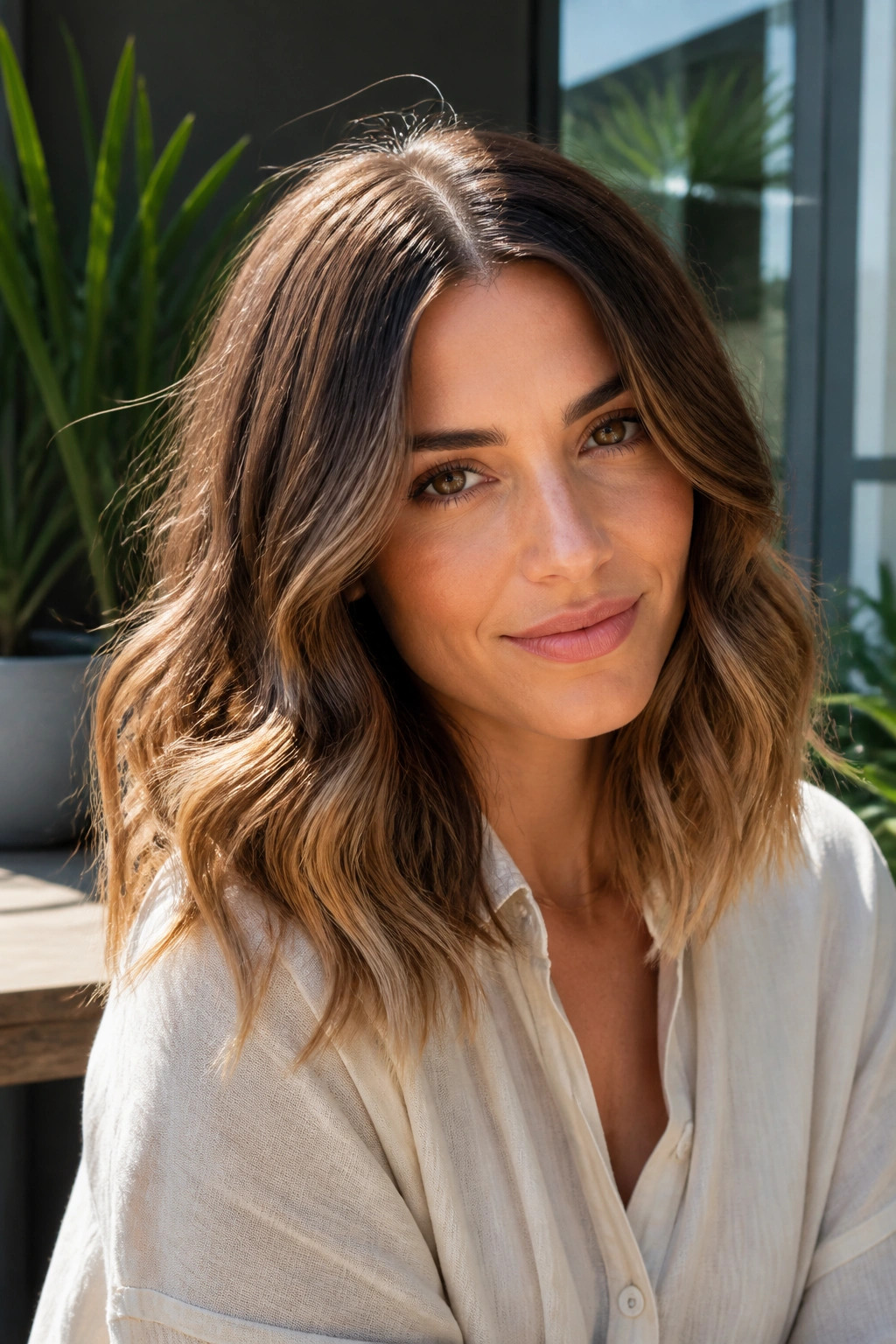 Close-up of a real woman with golden walnut brown hair with sunlit ends outdoors