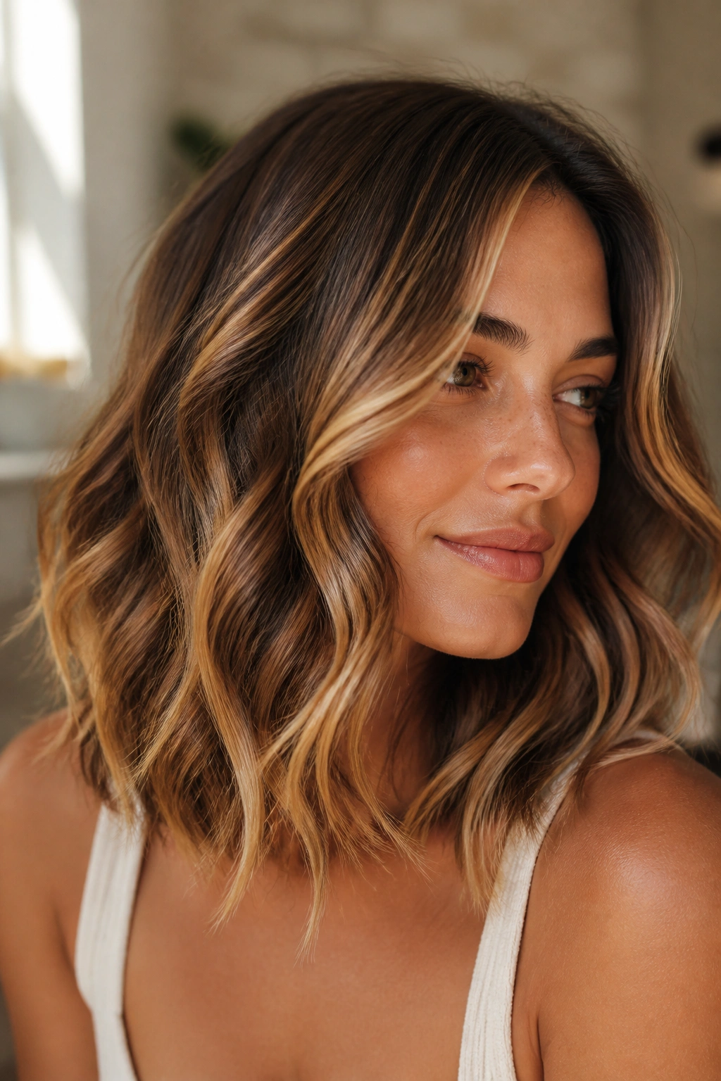 Close-up of a woman with golden wheat highlights on wavy brown hair, warm window light