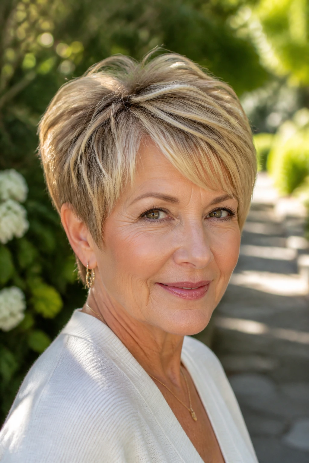 Close-up of real woman with feathered pixie and golden wheat highlights