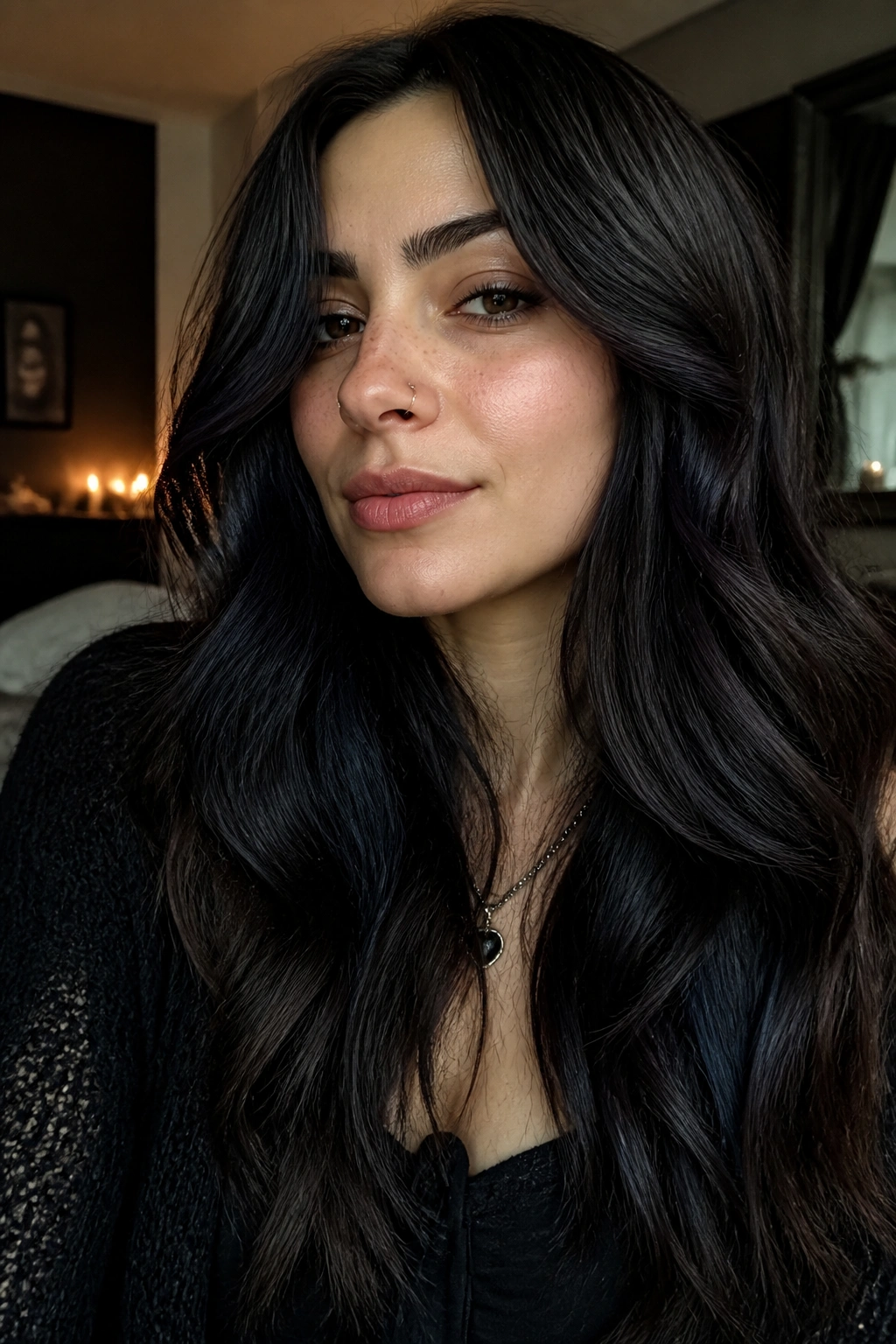 Close-up of long brunette waves with blue-black balayage pieces creating soft goth depth