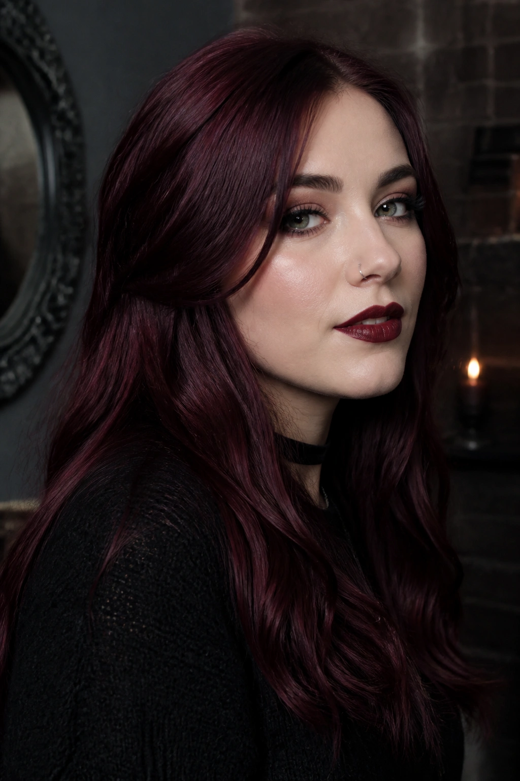 Close-up portrait of a real person with Gothic Cherry hair showing deep red-violet tones