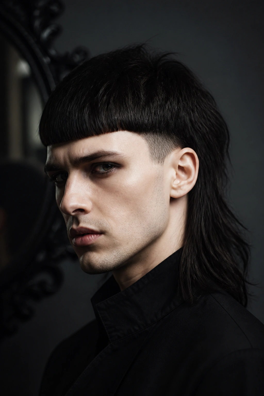 Close-up portrait of a real person with a blunt gothic heavy-line mullet and tight sides.