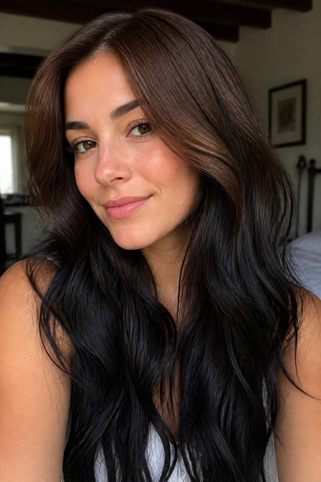 Long hair with chestnut-to-black gradient from roots to ends