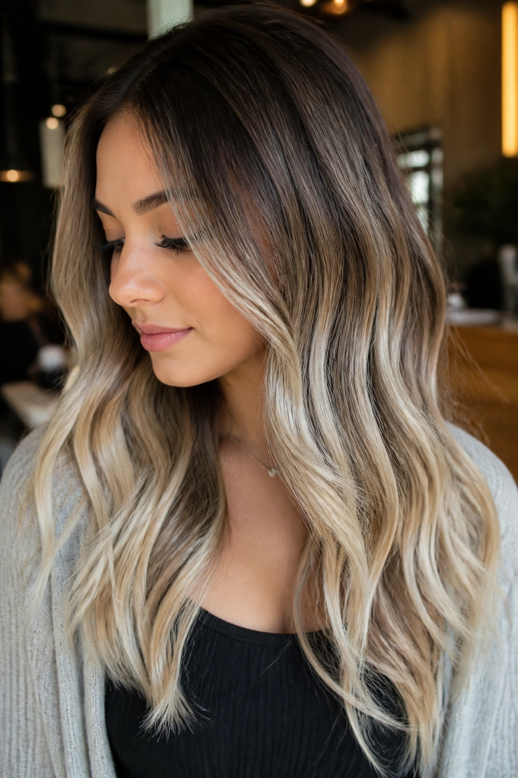 Brunette hair with beige-to-white gradient on long lengths