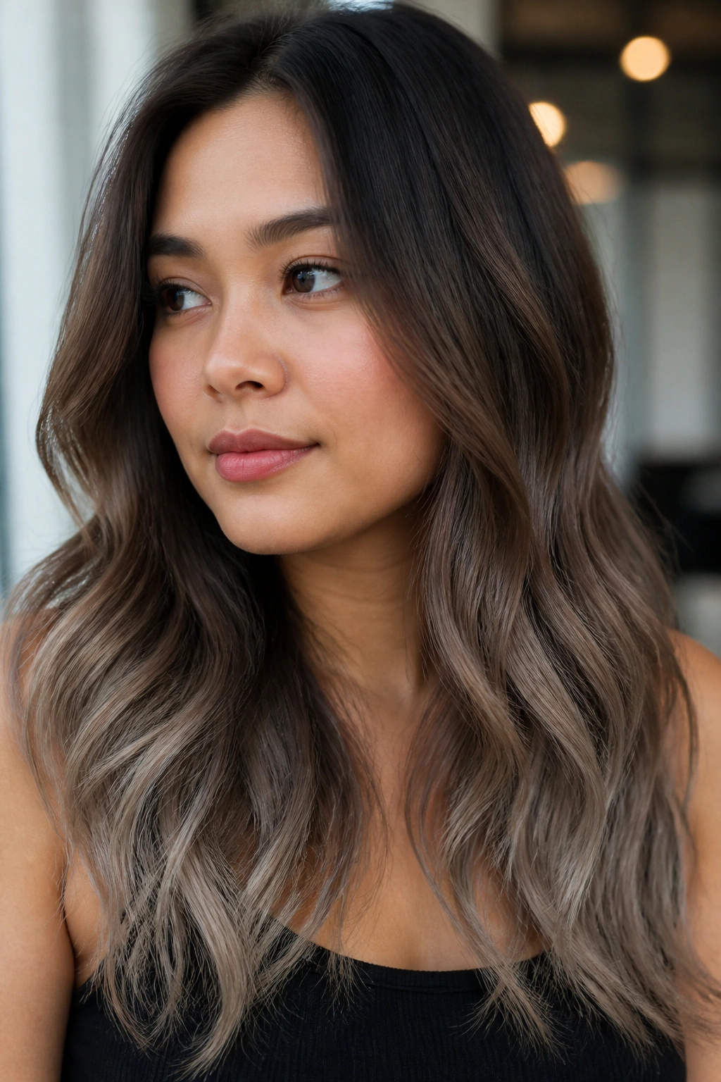 Close-up of a real person with brown grey ombre hair from root to ends