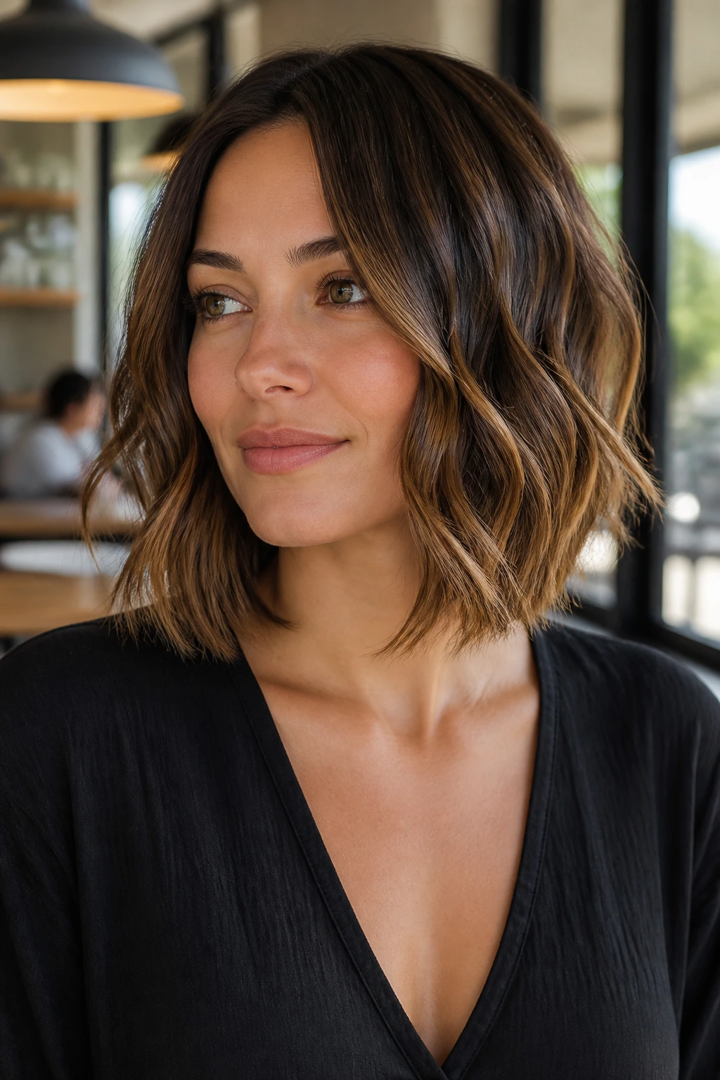Head-and-shoulders portrait of a woman with chin-to-collarbone gradient wavy bob