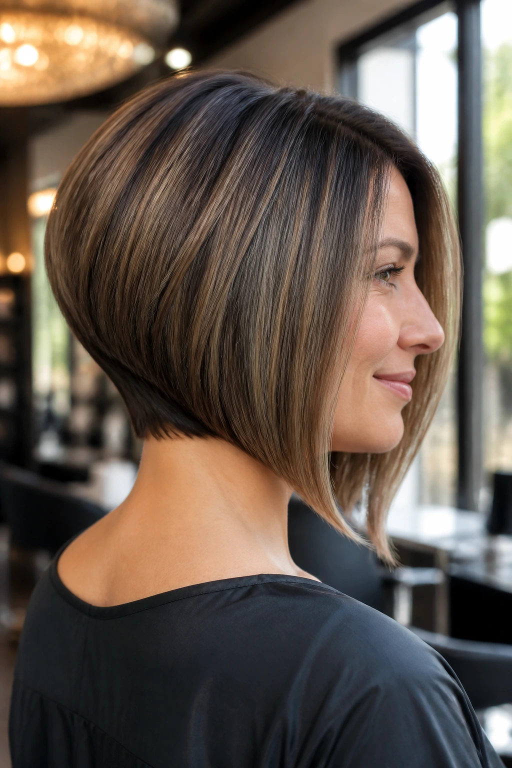 Close-up of a real woman with graduated A-line bob showing stacked back and angled front