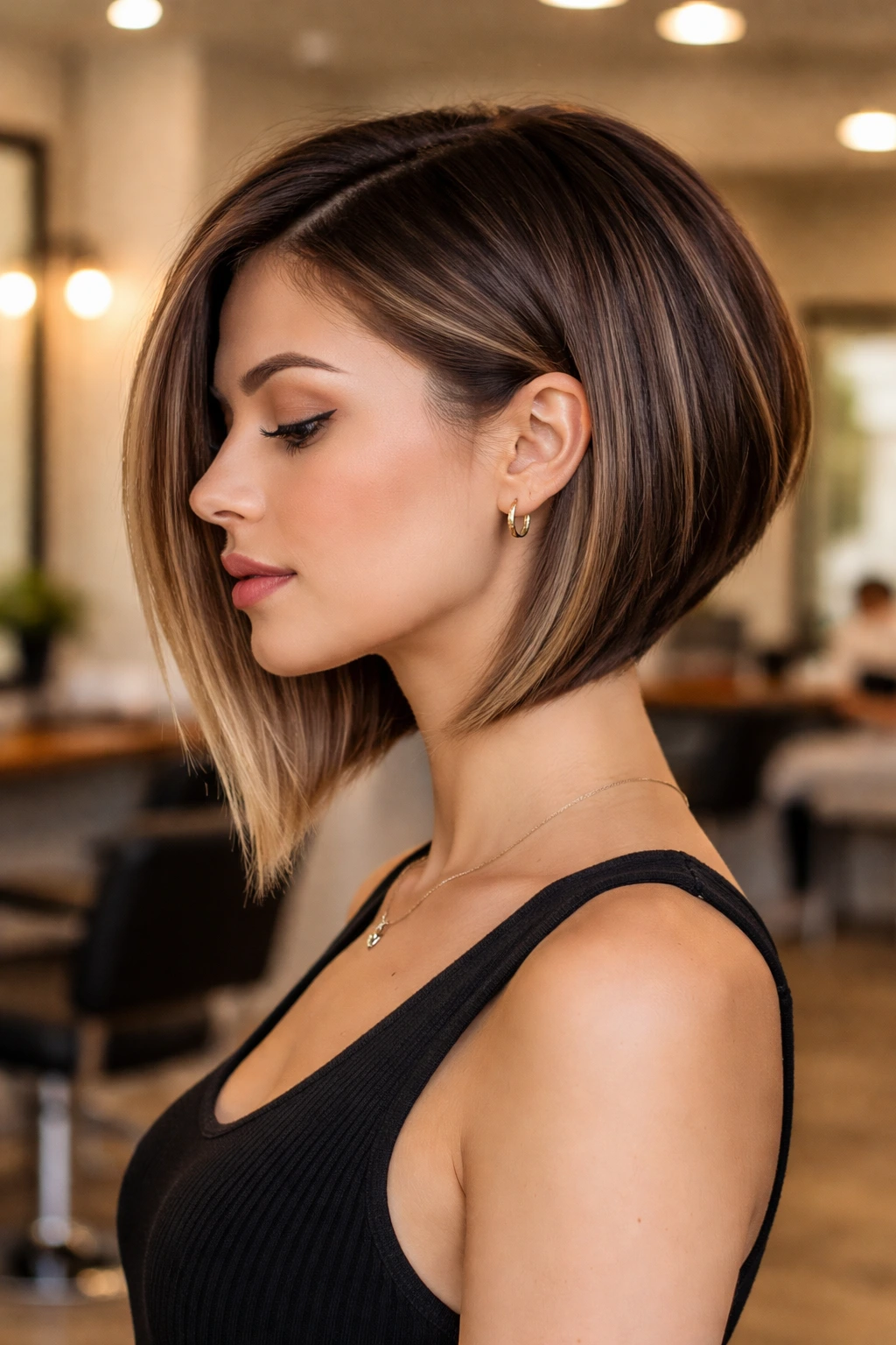 Real woman with a dramatic graduated angular cut showcasing a sharp angle.