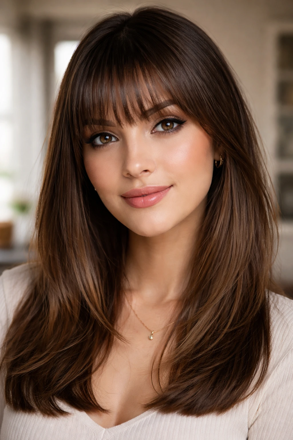 Close-up of a person with graduated bangs in natural light