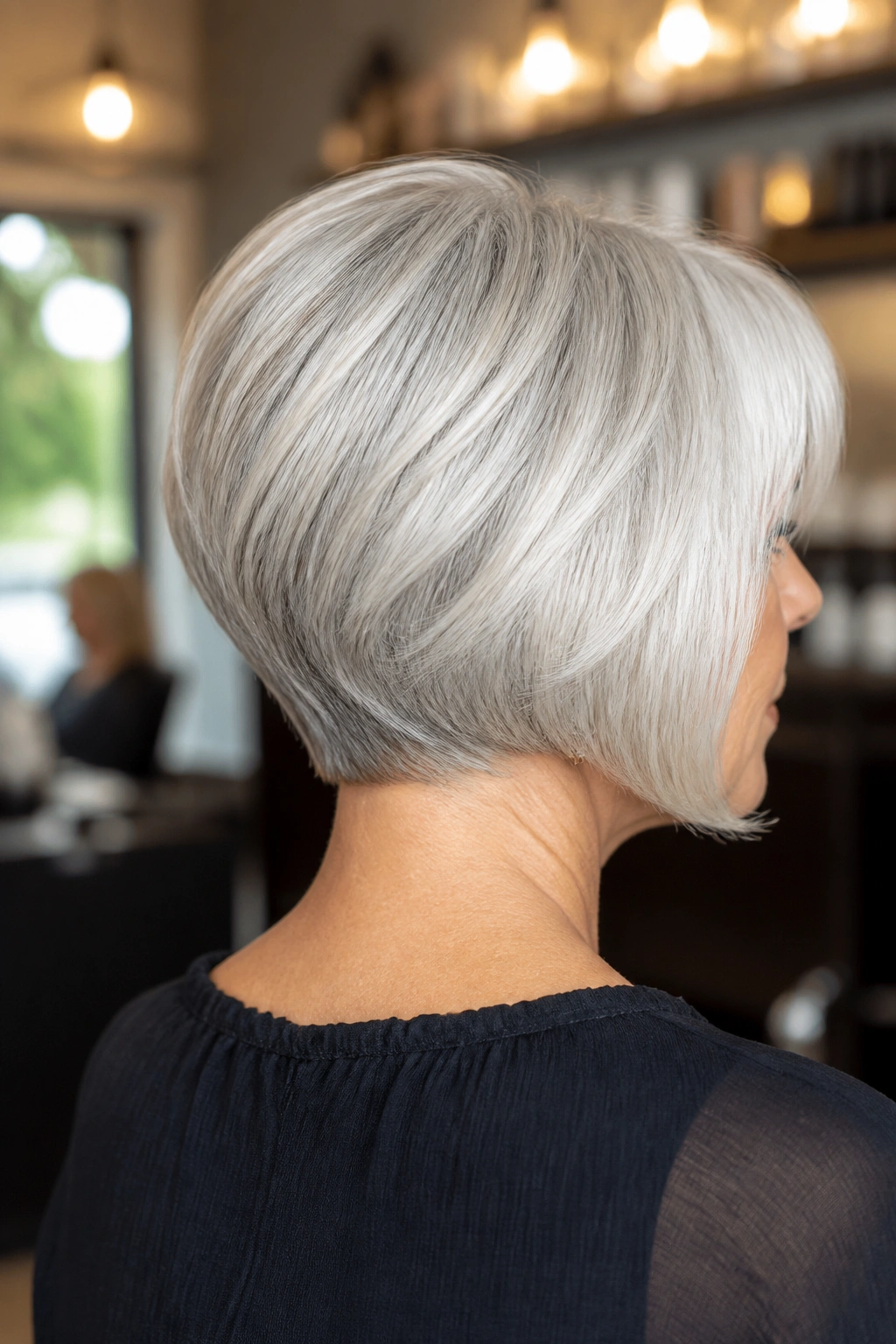Three-quarter back portrait of a real woman with a graduated bob