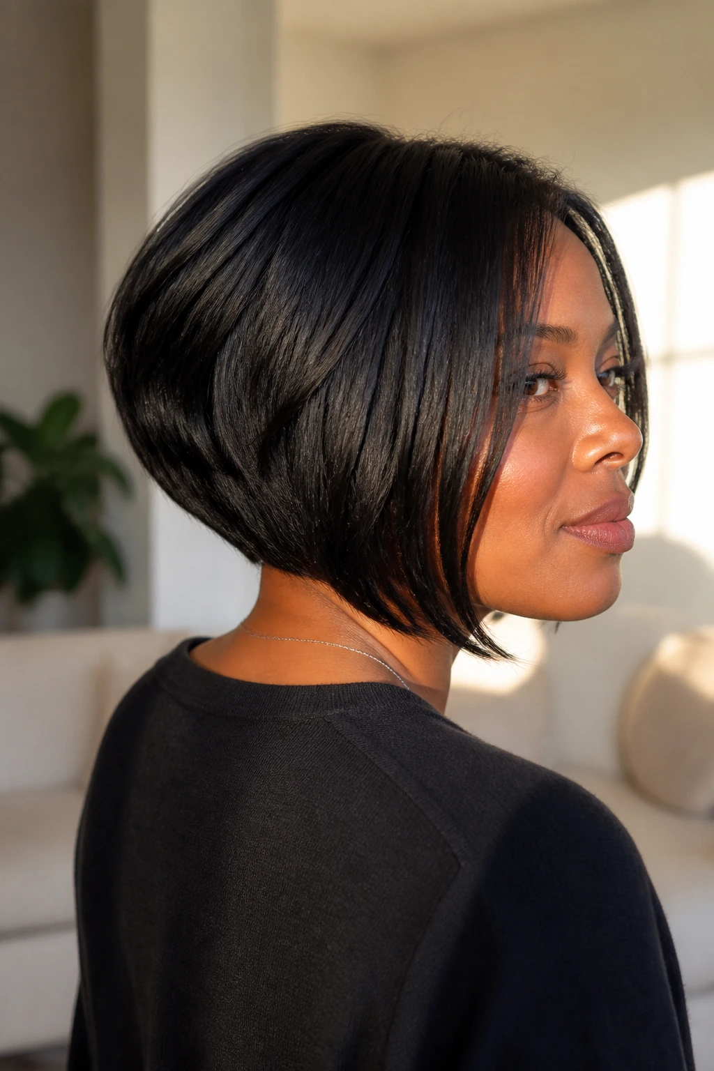 Close-up portrait of a real woman with a graduated bob, longer front and heavier back.