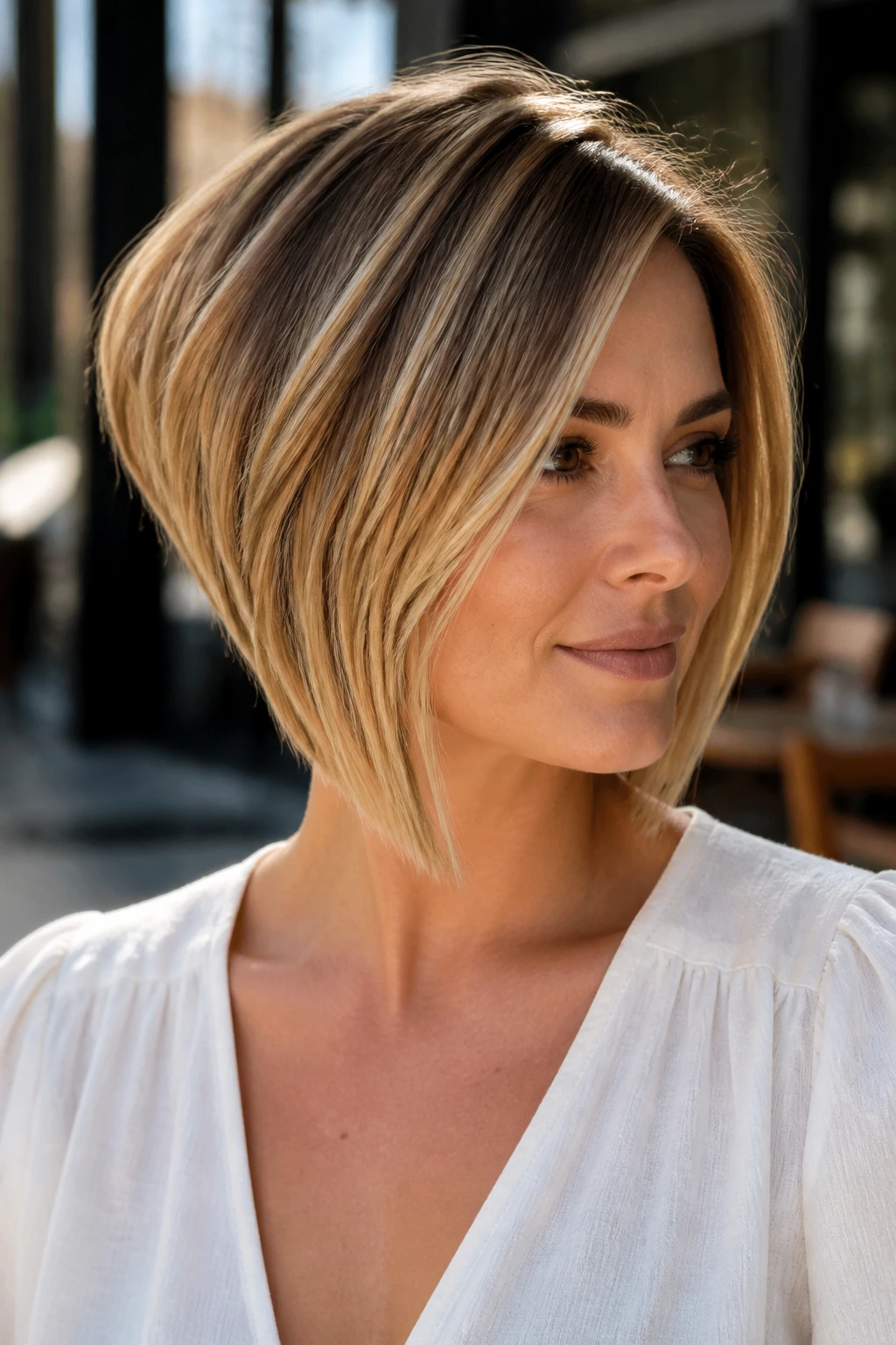 Three-quarter view of a graduated bob with soft balayage on a real woman