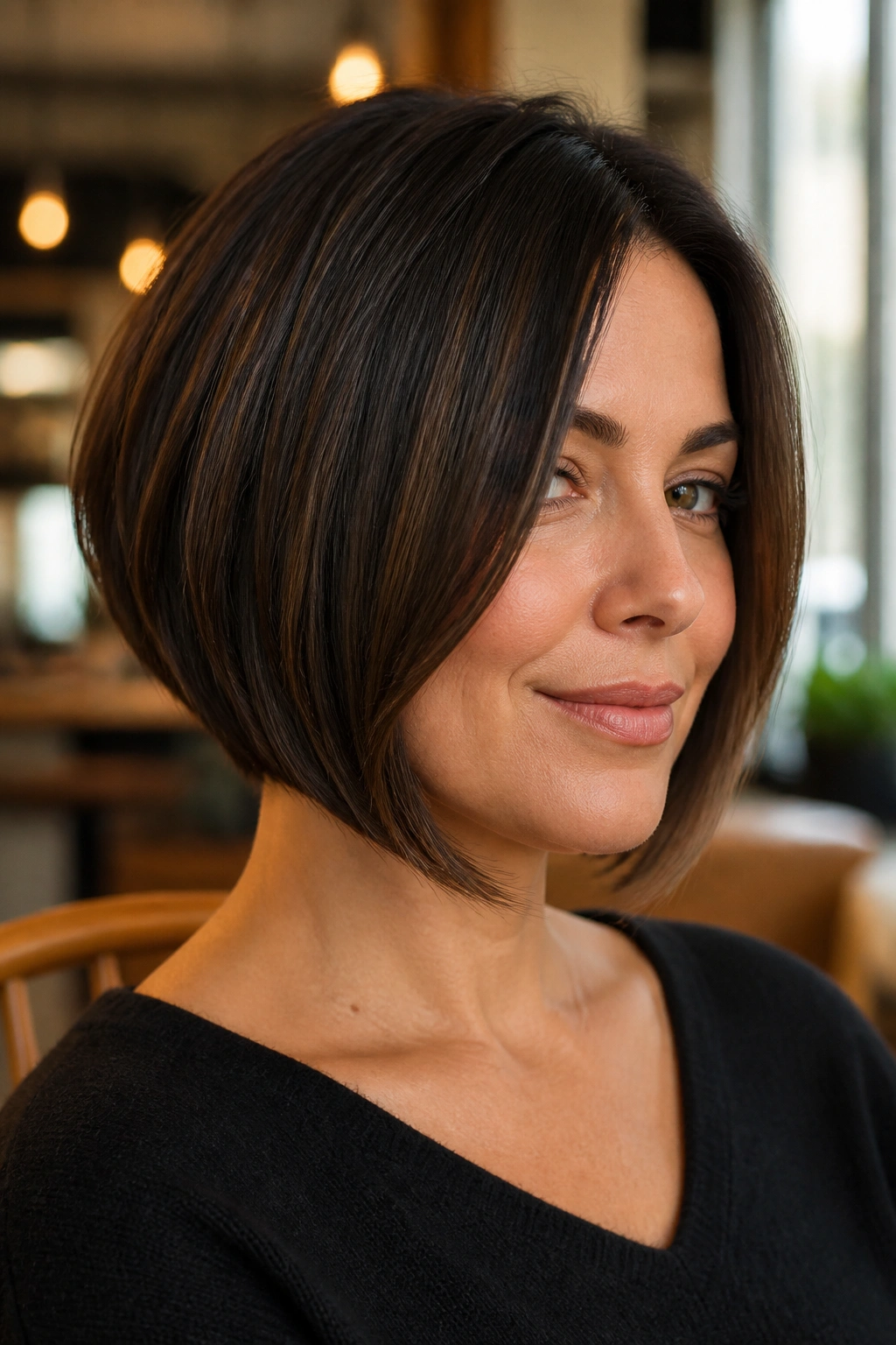 Close-up portrait of a real woman with a graduated bob featuring chin-skimming front pieces in a warm salon setting