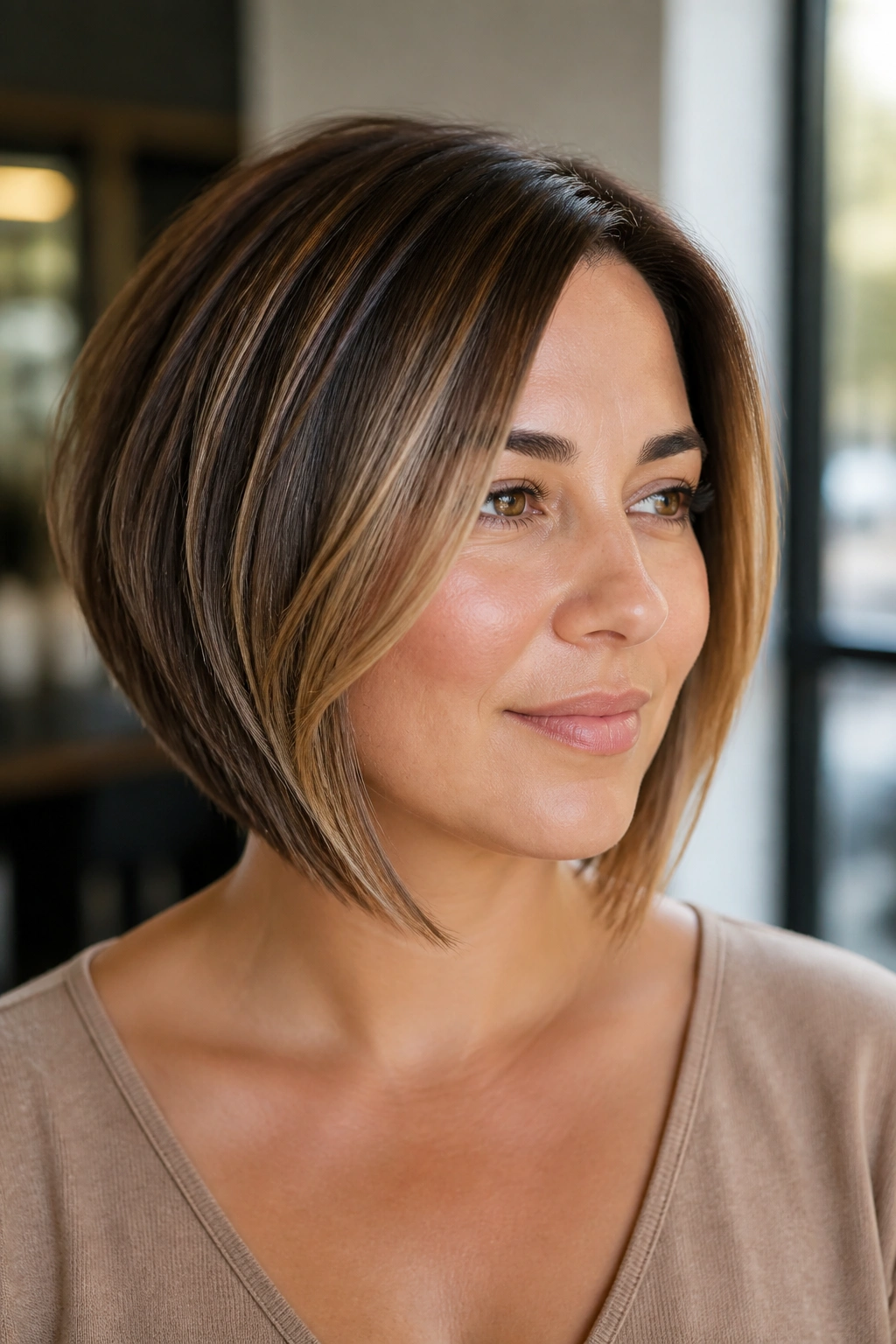 Close-up of a real woman with a graduated bob and face-framing slices starting below the cheekbone, warm window light.