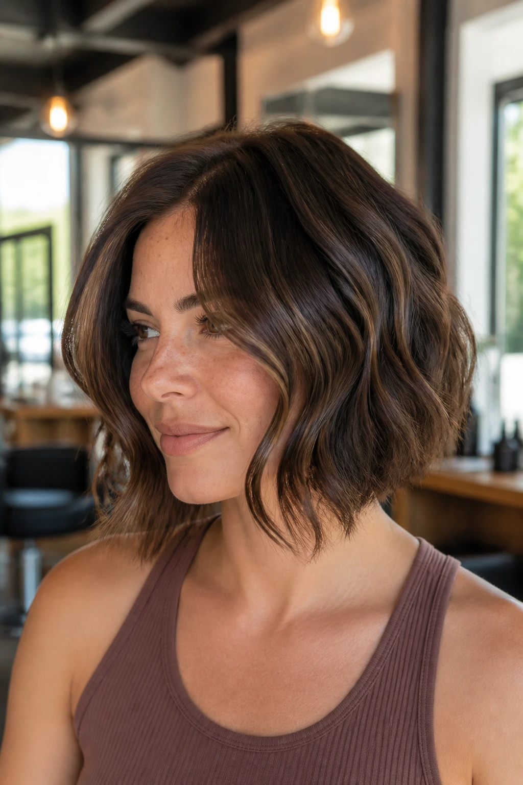 Close-up of a real woman with a graduated bob and face-framing curves