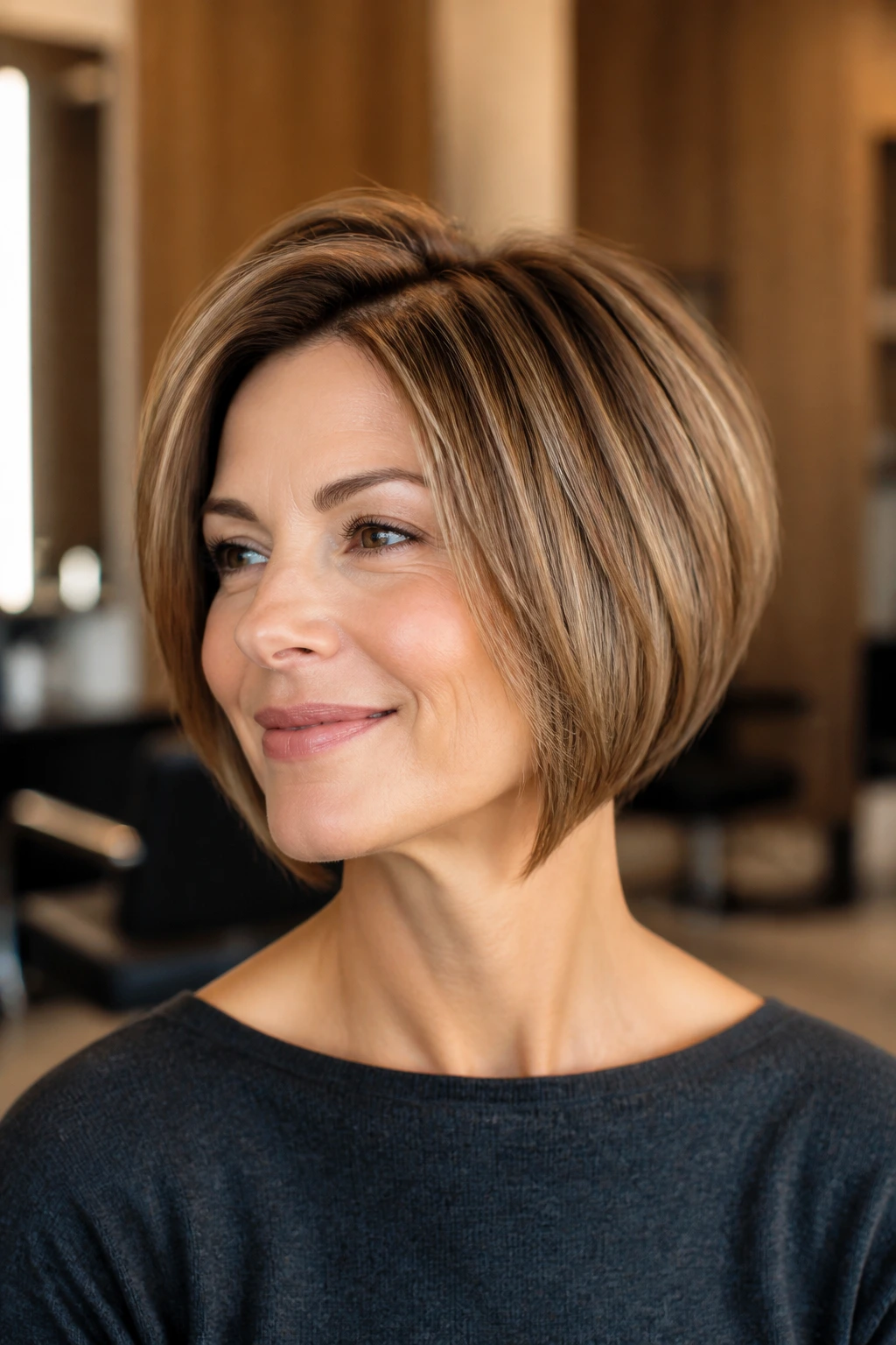 Close-up portrait of a real woman with a graduated bob for fine hair in natural window light