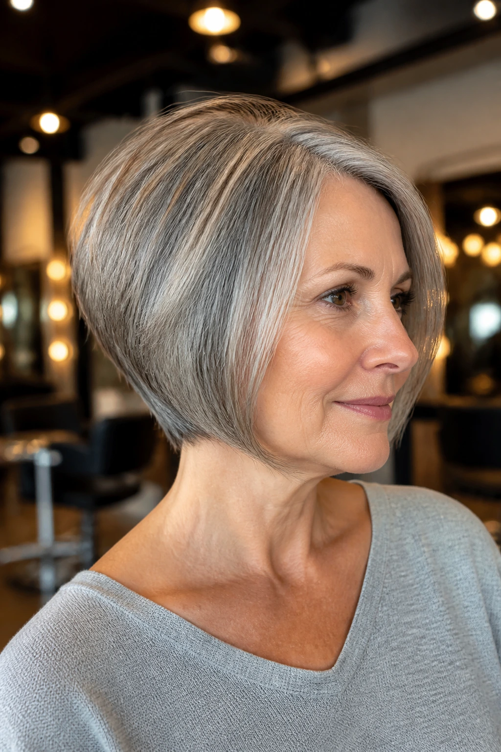 Three-quarter portrait of a real woman with graduated bob and nape lift, grey hair, in a chic salon.