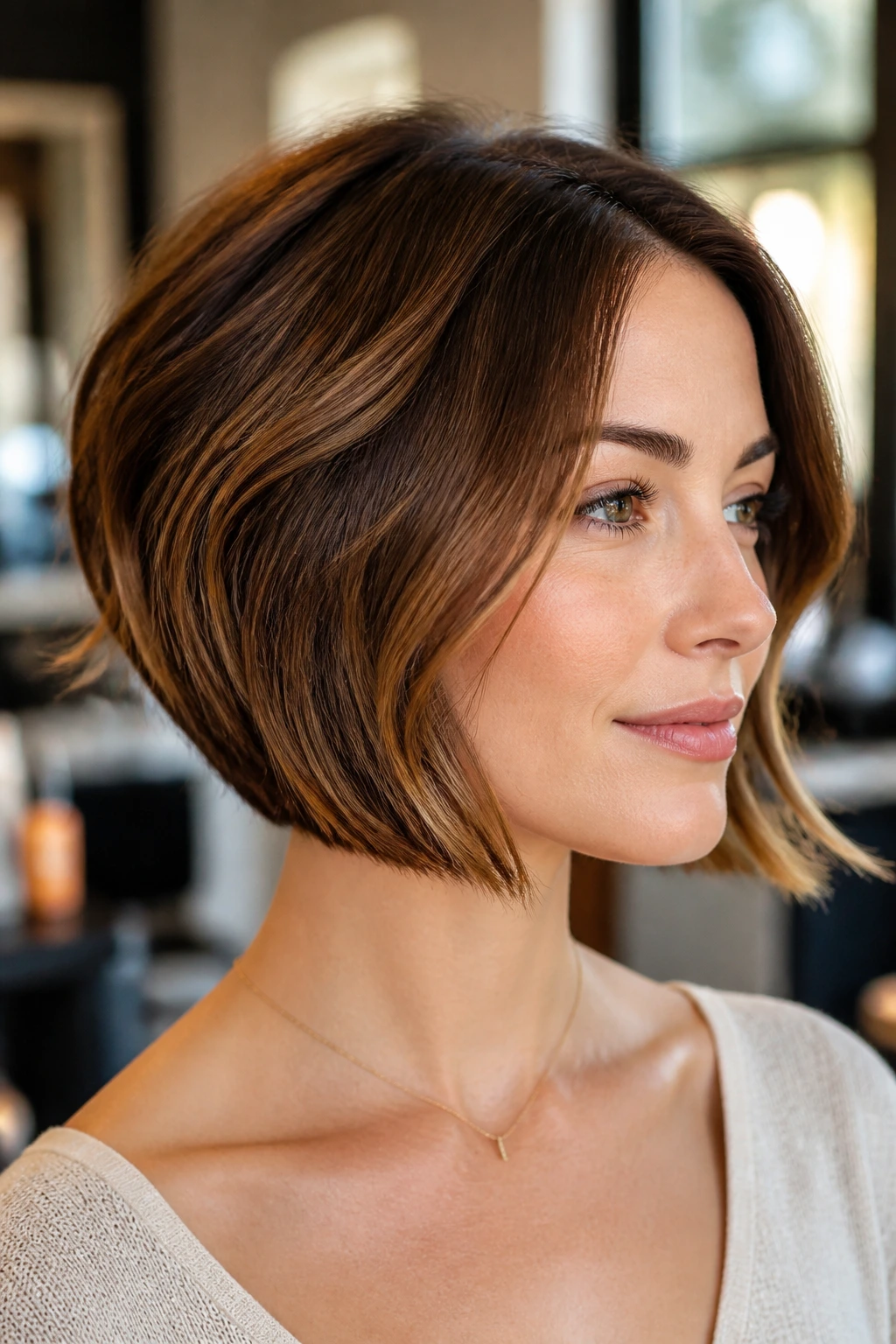 Close-up portrait of a woman with a graduated bob, short back, longer front, soft waves in a sunlit salon.