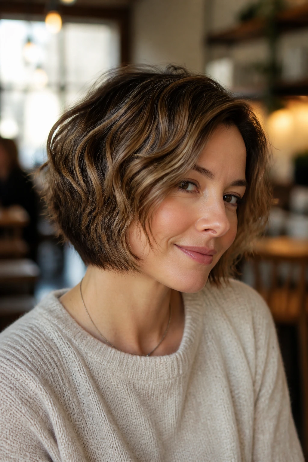 Close-up of real person with graduated bob showing back stack and longer front under warm cafe light