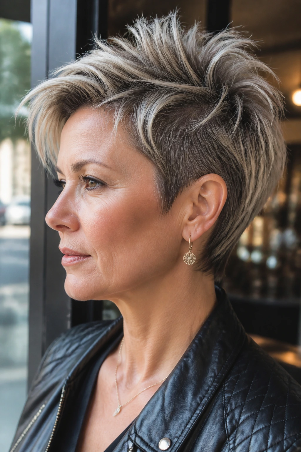 Close-up of a woman with a graduated bob-hawk showing a textured top and nape bob.